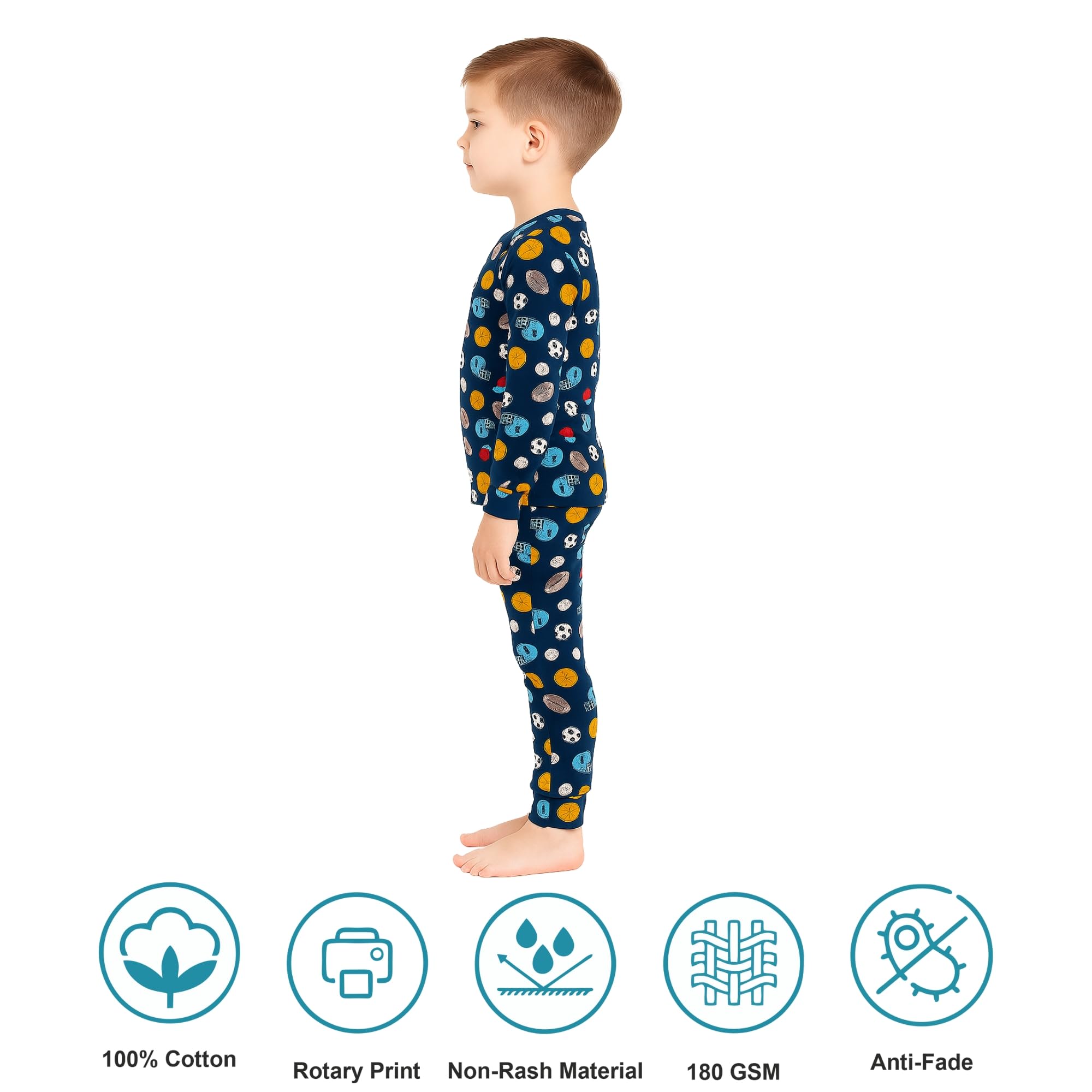 Hestia|H.Nsg.7|Kids Boys Nightwear|Sleepwear|Cotton|Trouser Full Sleeves Pajama Set Tshirt|Elastic Waist|Night Dress With Pyjama Tshirts For Boys|Rugby Football Printed|Blue Color|Set 1,6-8 Years - Image 3 thumbnail