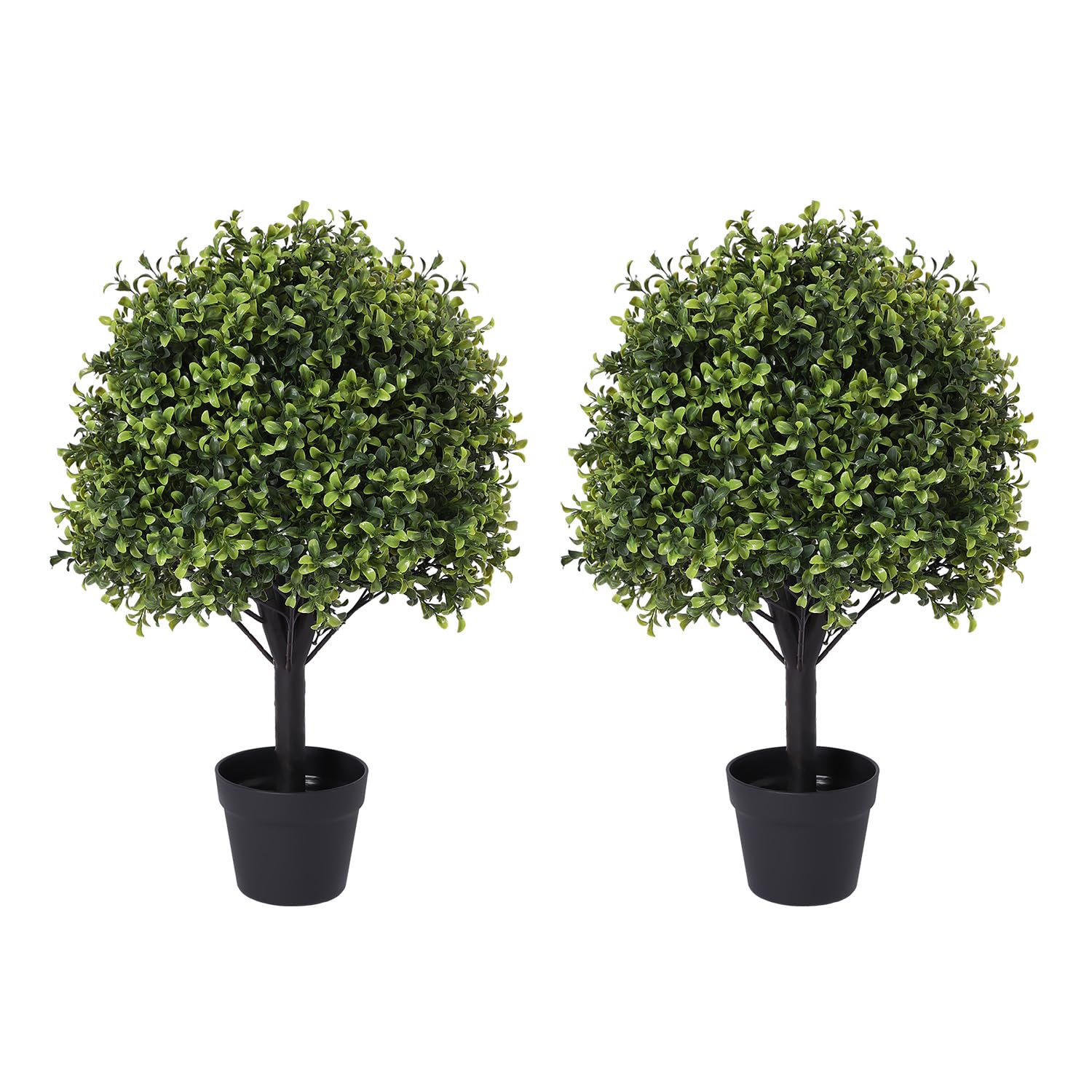27“ realistic artificial boxwood topiary trees set of 2, faux plants outdoor uv-resistant, fake evergreen bushes & shrubs for front porch outside planter decor