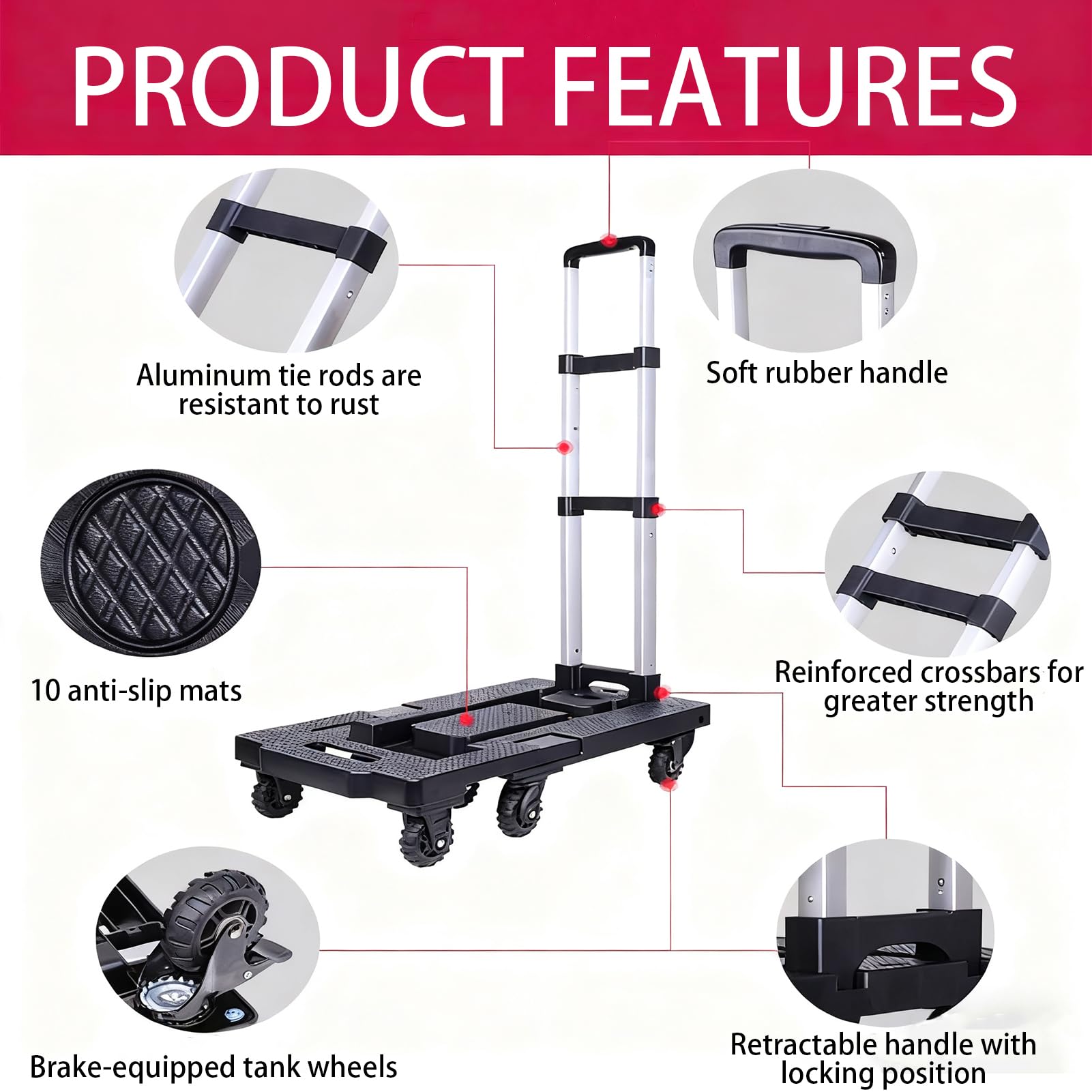 Carretilla De Carga con 7 Ruedas, Carro De Mano Plegable De Aluminio y 360° con Frenos - Transpaleta Manual Compacta Y Chasis Ajustable para Uso Industrial, Almacenes Y Logística (A-Negro)