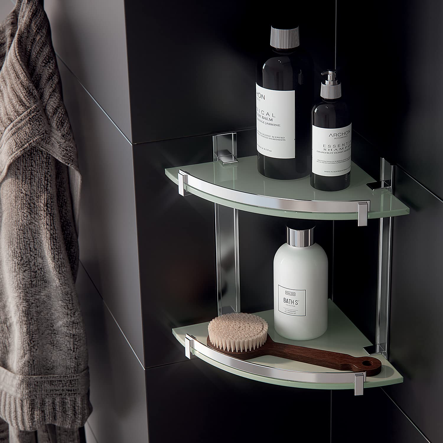 GEDY Cloud Portaoggetti doccia satinato angolare, 2 ripiani, Misure: 30X26X26 CM, Portaoggetti bagno in alluminio e vetro temperato, Fissabile con colla, Design R&S Gedy, 2 anni di garanzia