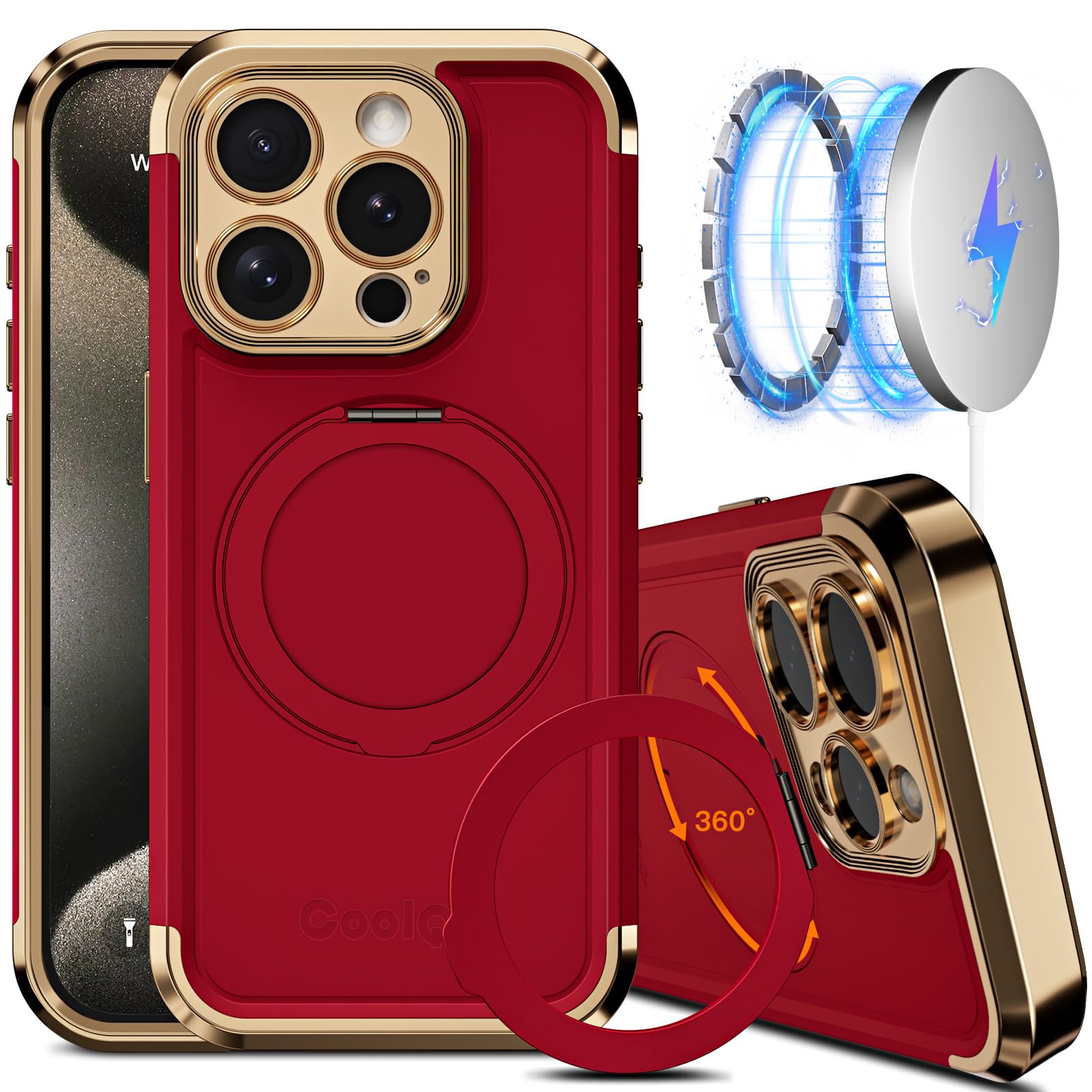 COOLQO for iPhone 15 Pro Max Case 6.7'' Upgraded 360° Spin Magnetic Stand [Compatible with Magsafe][Military Protection] Shockproof Protective Phone
