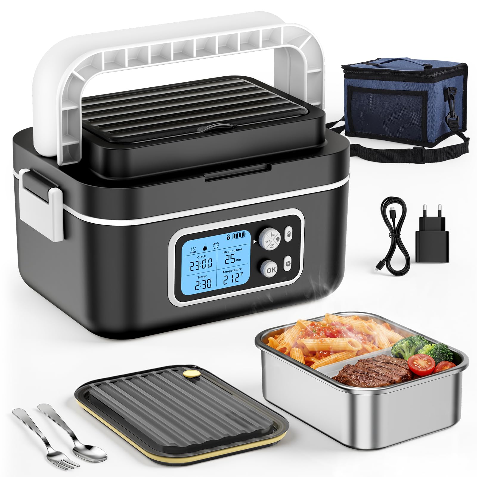 Lunch Box Riscaldato, Lunch Box Riscaldato Intelligente da 1.5L con Touchscreen, Scaldavivande Elettrico Wireless con Piatti in Acciaio Inox e Borsa Termica, Ideale per l'Ufficio/Viaggi/Campeggio