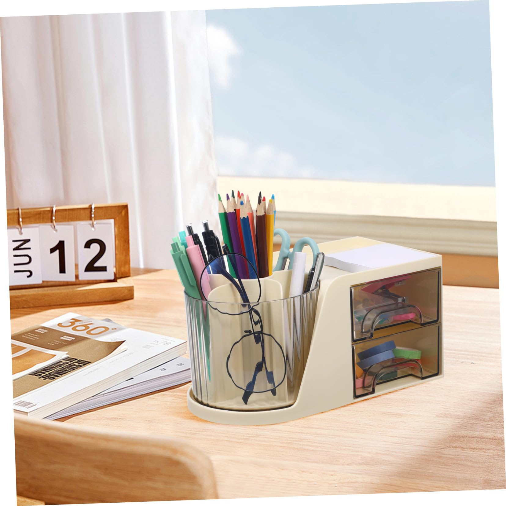 Schreibtisch Organizer mit Drehbar, Doppelte Schubladen, Kunststoff, Beige