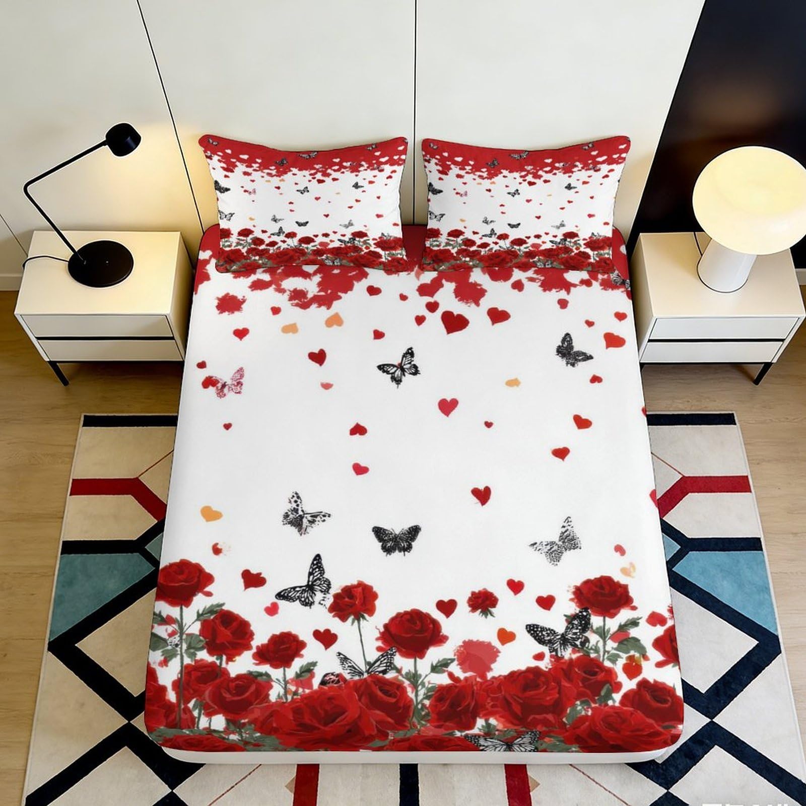 Qjzxknhpgr Style-9 3D Printed Red Rose Fitted Sheet Microfiber Anti-Slip Butterfly Bed Sheet For Bedroom Dorm Mattress Protection Decor 90X200x25cm