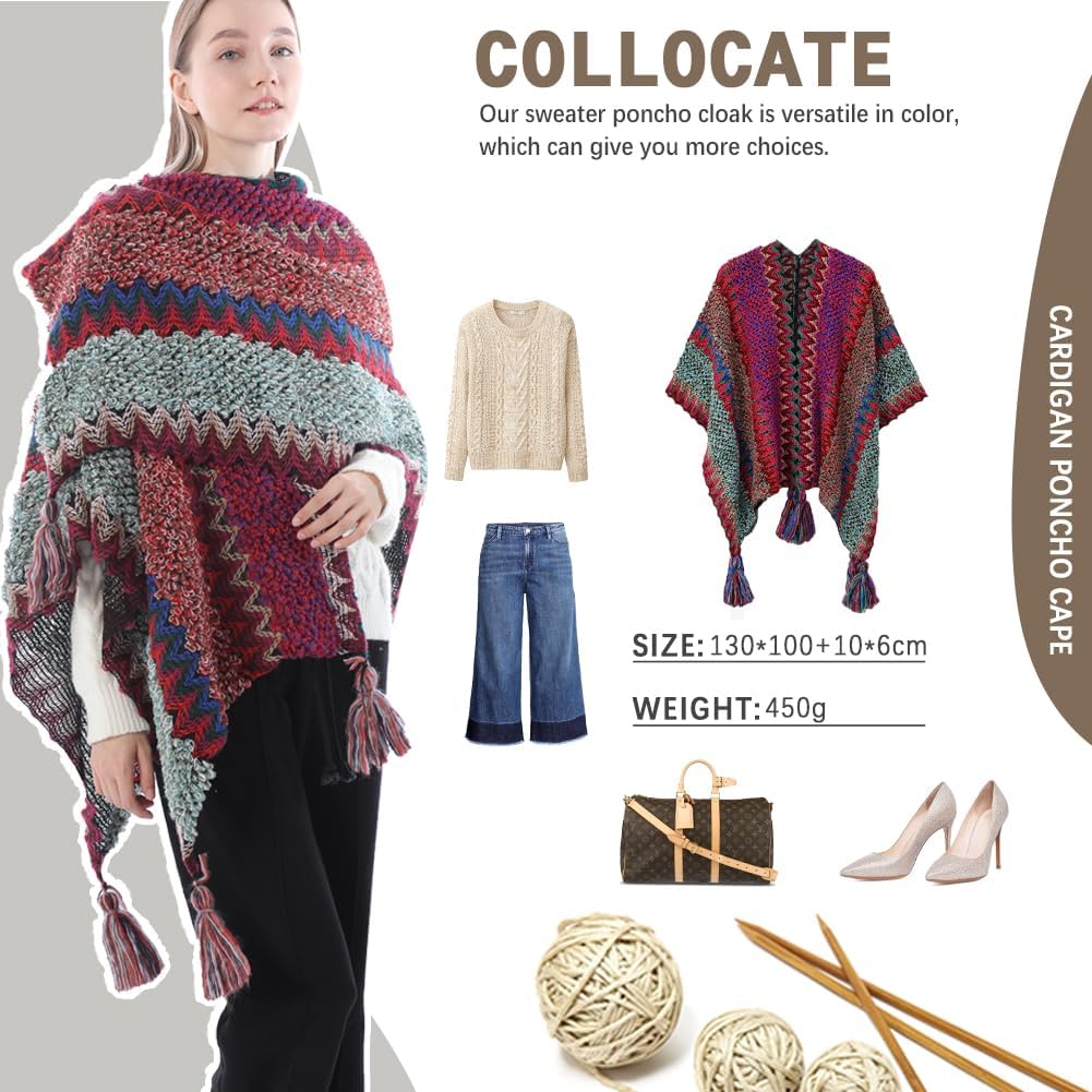 Knit Shawl Wrap Poncho Cape for Women, Ladies Knitted Cardigan Kimono with Fringe for Fall Winter - Image 5