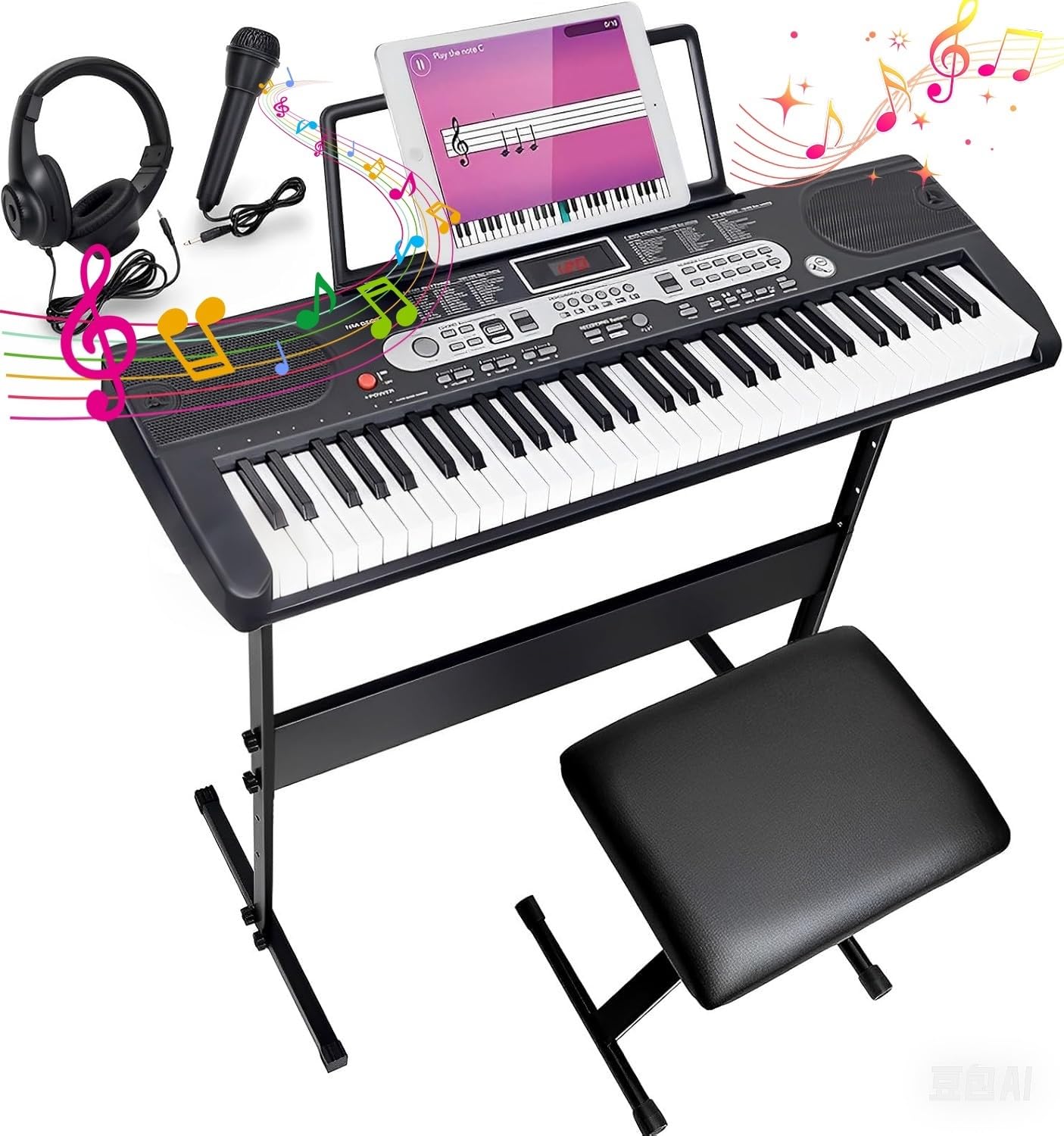 61 Tasten Keyboard Piano Set für Anfänger, Digitalpiano mit 200 Klängen, 70 Demos, Lernmodus, Aufnahme, mit Ständer, Sitzbank, Kopfhörer, Mikrofon, Notenablage, Klavier Geschenk