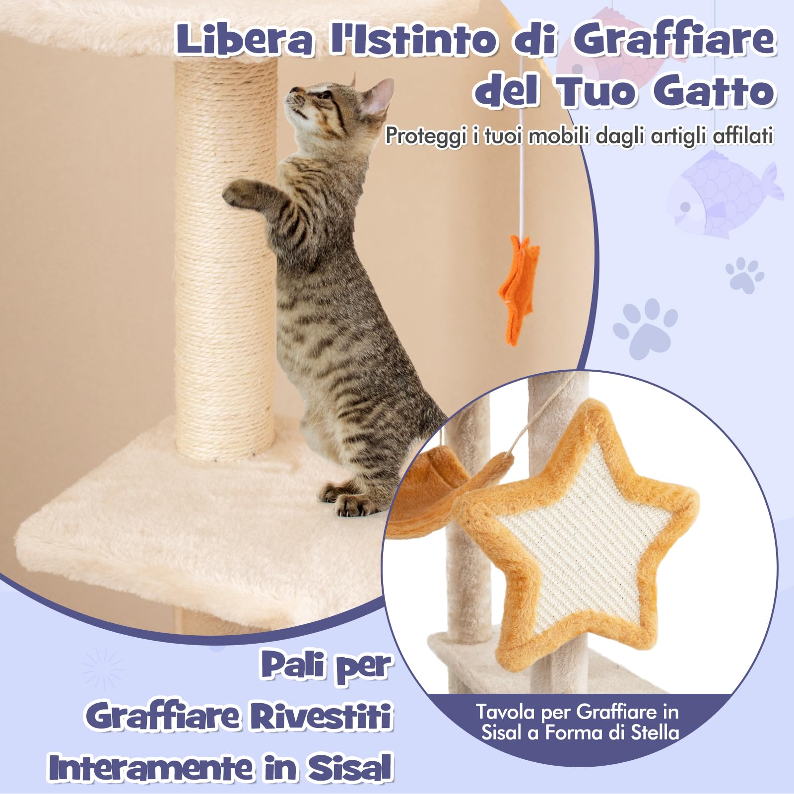COSTWAY Albero per Gatti da Interno da 160 cm, Albero Tiragraffi con Pali e Tavole da Graffio in Sisal, Condominio, Trespolo in Peluche, Piattaforme, Giocattoli Appesi e Palla a Molla
