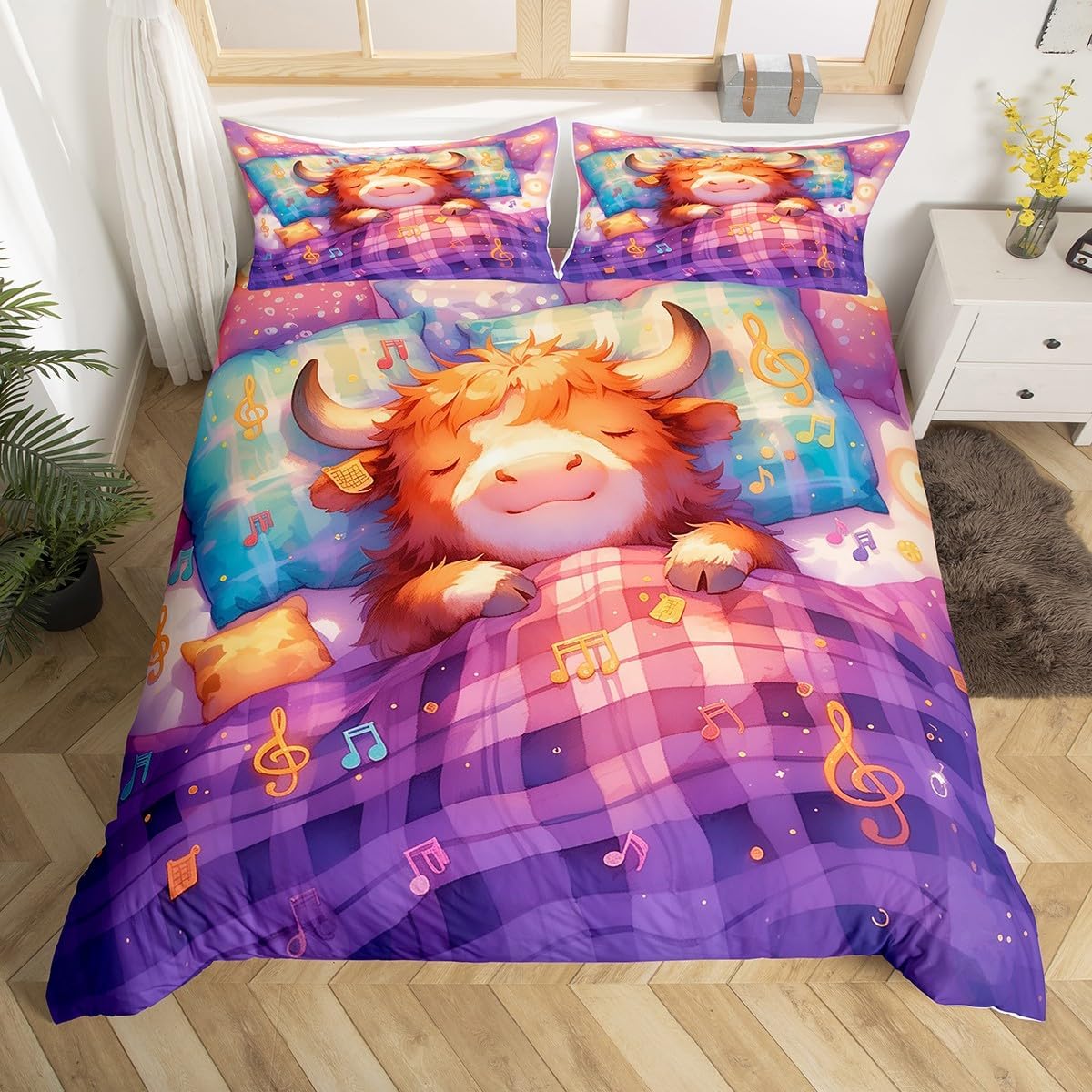 jejeloiu Highland Cow Bedding Set Western Highland Cattle Duvet Cover Twin Size for Kids Boys Girls Teens Botanical Floral Printed Comforter Cover Set Romantic Bedspread Cover with 1 Pillow Case