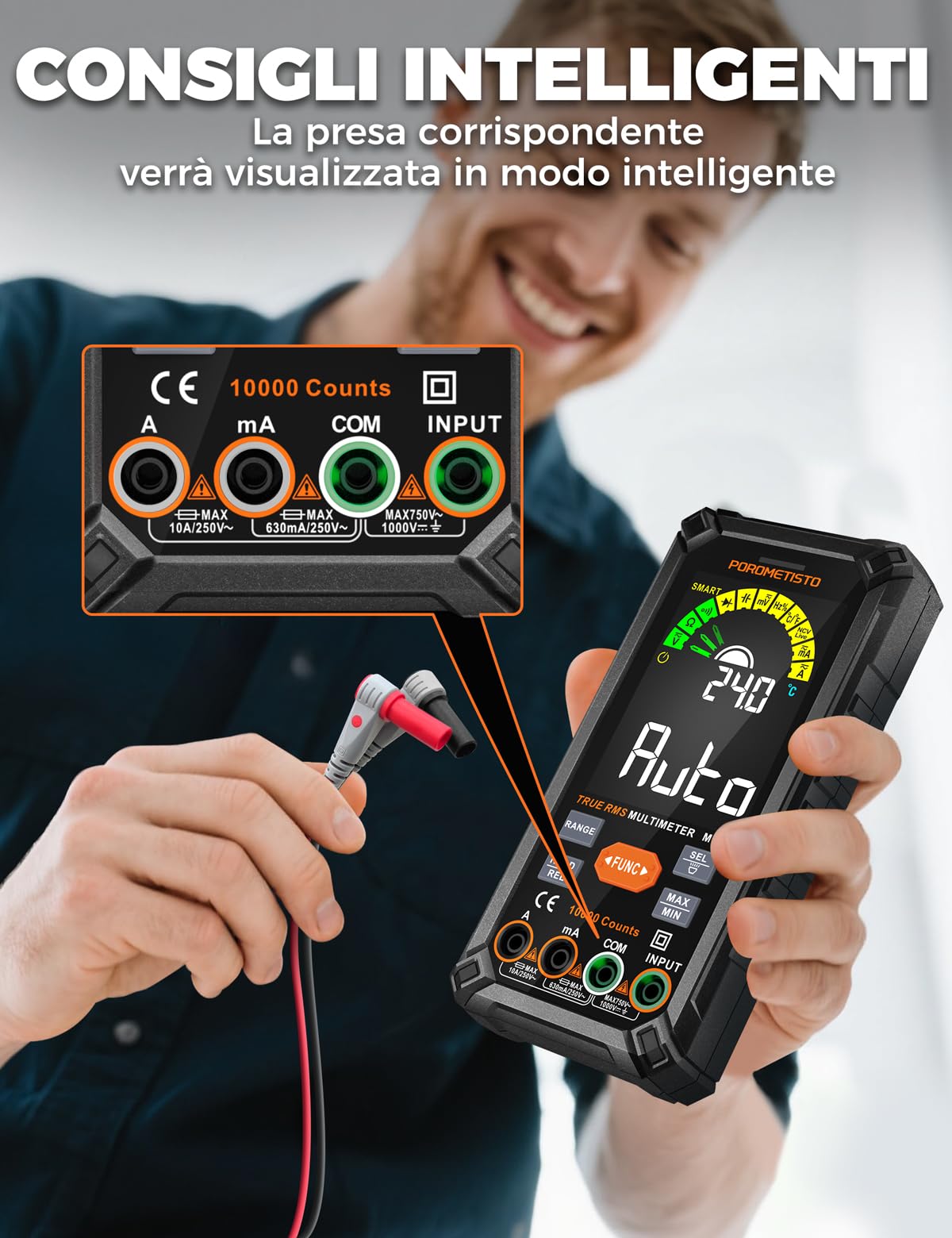 Multimetro Digitale Professionale POROMETISTO TRMS 10000 conteggi, 750V CA/ 1000V CC Ricaricabile con Auto Gamma, Misura Tensione Corrente Resistenza Continuità Capacità Frequenza Diodo TEM