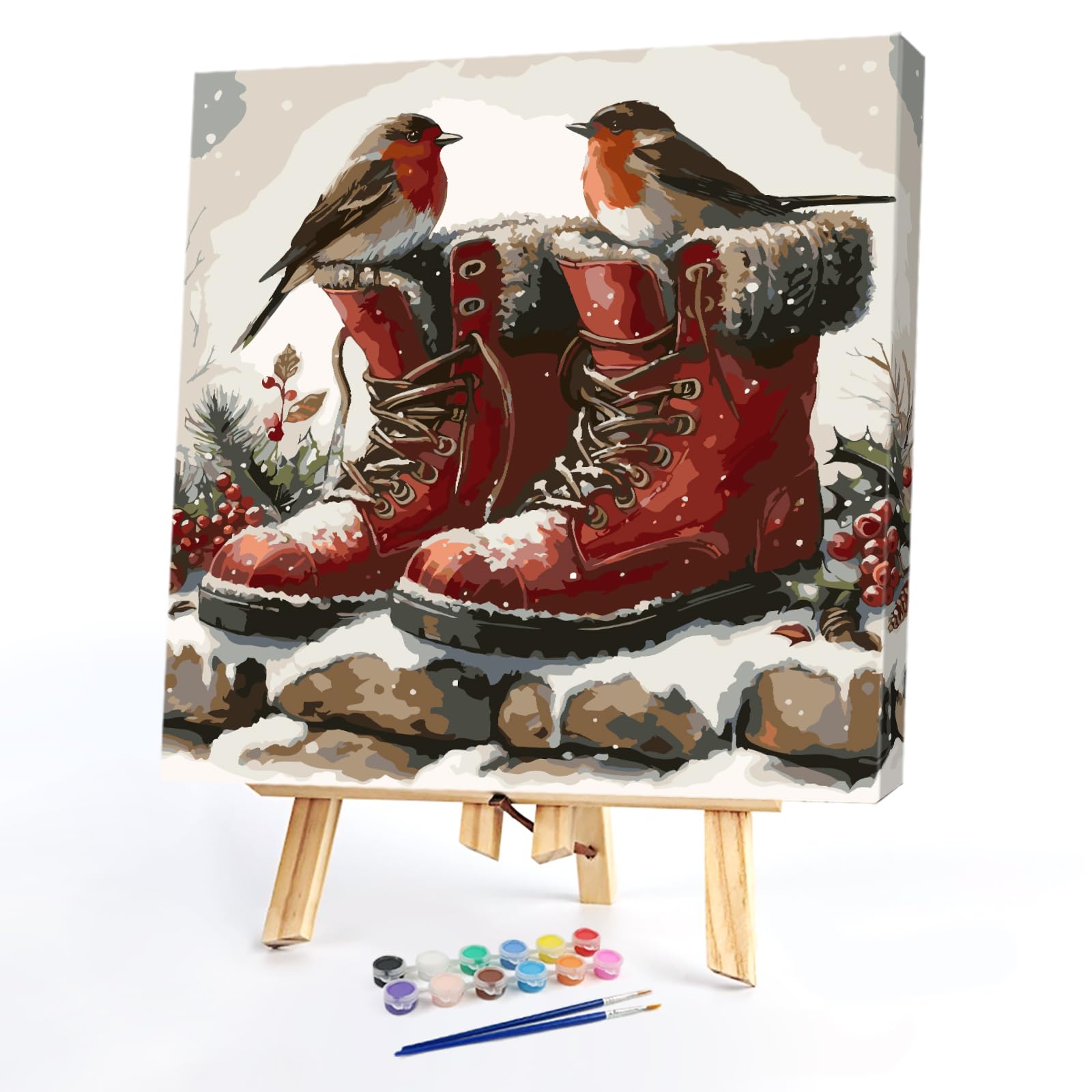 POETRYDRAW Winter Robins DIY Paint By Numbers Kit on Canvas 35x35cm with Frame Oil Painting Kit by Numbers for Beginners Adults Gift Home Wall Decor (Winter Robins)