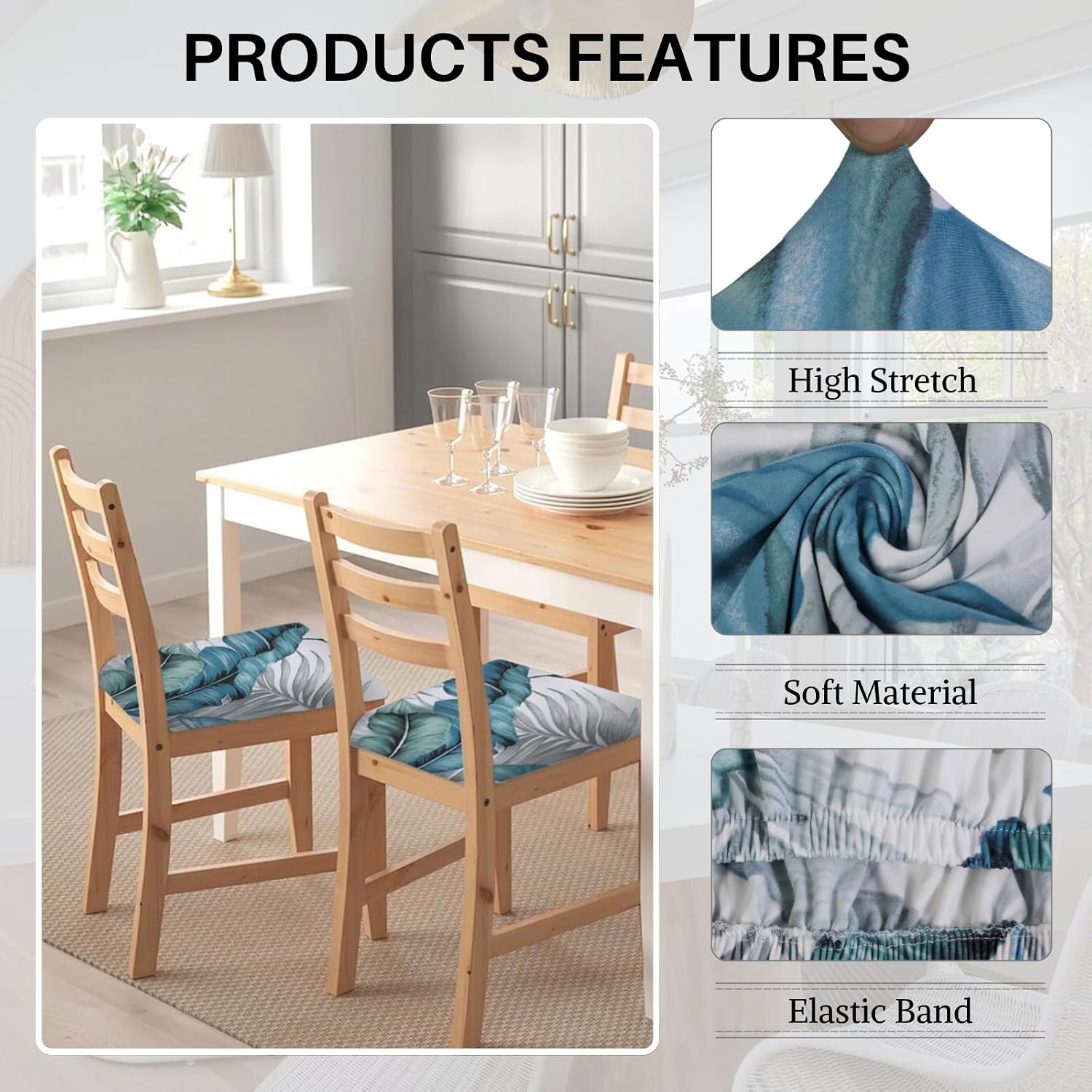 SearchI Water Repellent Seat Covers for Dining Chairs, 4 Pack Jacquard Stretch Dining Room Chair Seat Covers, Kitchen Chair Seat Covers Protectors(Blue Foliage) image 3