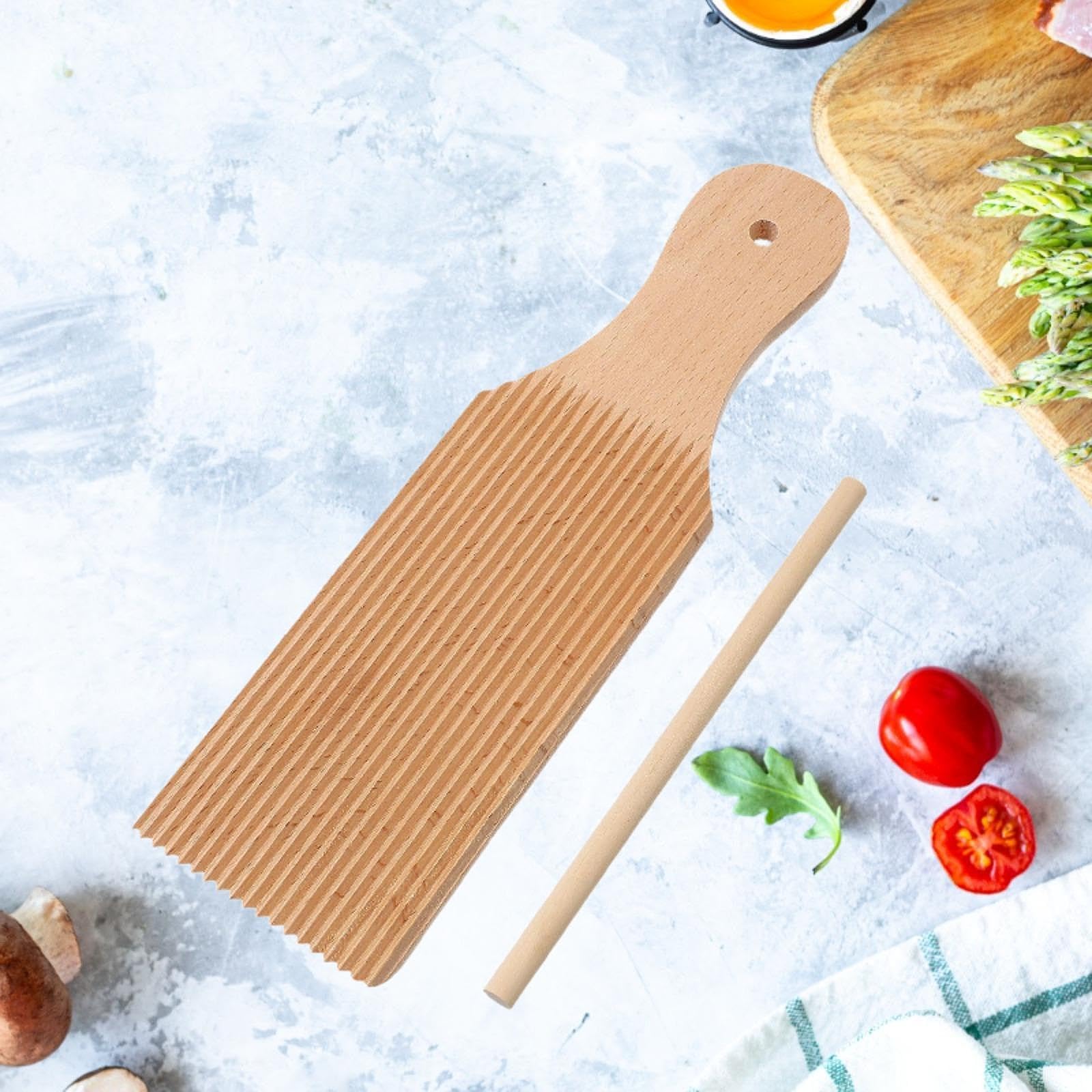 jojomis Wooden Gnocchi Making Board with Garganelli Stick - Unique Curved Design Pasta Maker Tool for Homemade Italian Cuisine