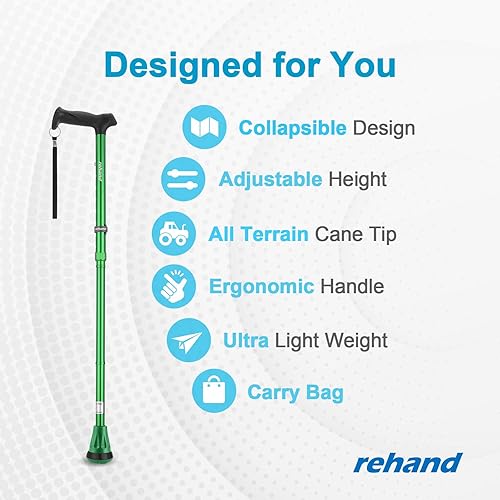 Miniatura 2 de Rehand Bastón para caminar, plegable, ajustable, para hombre y mujer, punta todoterreno resistente, con bolsa de viaje, bastones para caminar, para