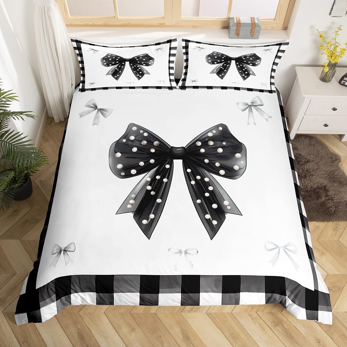 Loussiesd Bowknot Duvet Cover Set Cot Size For Kids Boys Girls Cute Bow Bedding Set Vintage Bowknot Duvet Cover with 1 Pillowcase Black White Plaid Bedding โ image 1