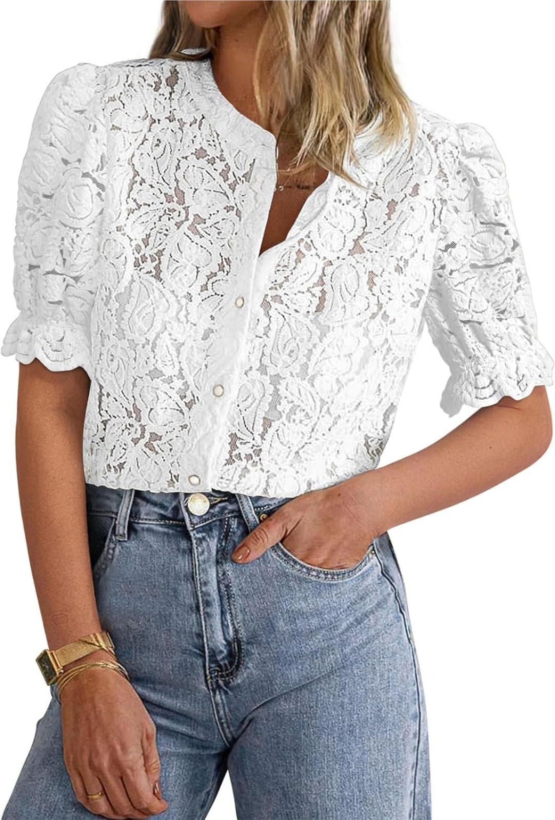 LLECDASEUI Womens Elegant Lace Dressy Blouses 2025 Summer Short Puff Sleeve Tunic Tops Crew Neck Button Down Shirts (S,White)