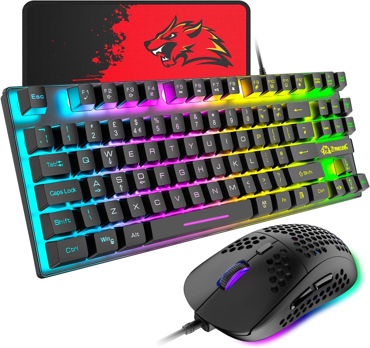 Gaming Keyboard and Mouse Combo,88 Keys Compact Rainbow Backlit Mechanical Feel Keyboard,RGB Backlit 6400 DPI Lightweight Gaming Mouse with Honeycomb Shell for Windows PC Gamers (Black) Gaming Keyboard and Mouse Combo,88 Keys Compact Rainbow Backlit Mechanical Feel Keyboard,RGB Backlit 6400 DPI Lightweight Gaming Mouse with Honeycomb Shell for Windows PC Gamers (Black)