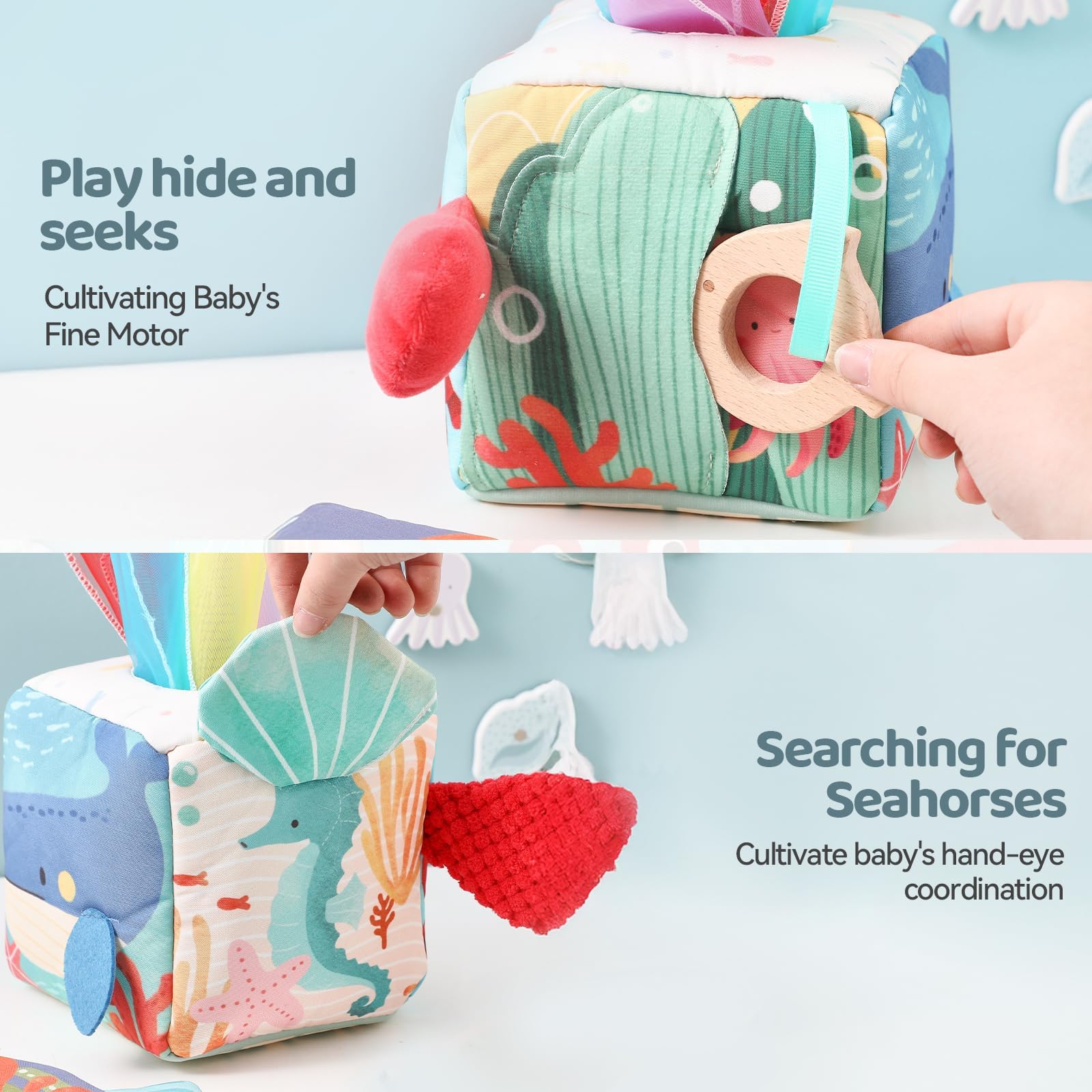 WOODEN TEETHER Baby Tissue Box Toy Mesi Montessori Sensorial Giocattolo, Promuove Le capacità sensoriali e motorie, con specchi, Colori, Trame, Suoni, Ragazzi e Ragazze (Animali marini)