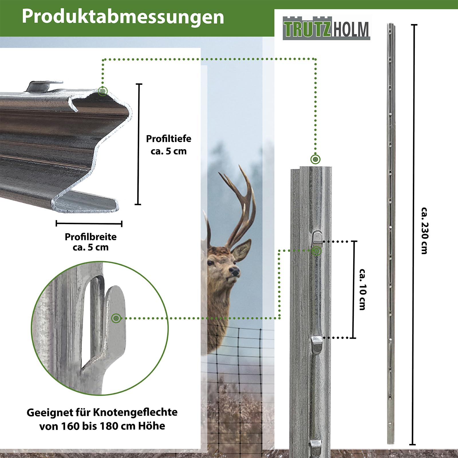TRUTZHOLM 10x Z-Profil Zaunpfosten 230 cm feuerverzinkt Zaunpfähle 1,5 mm Stärke gestanzte Haken Forstprofil
