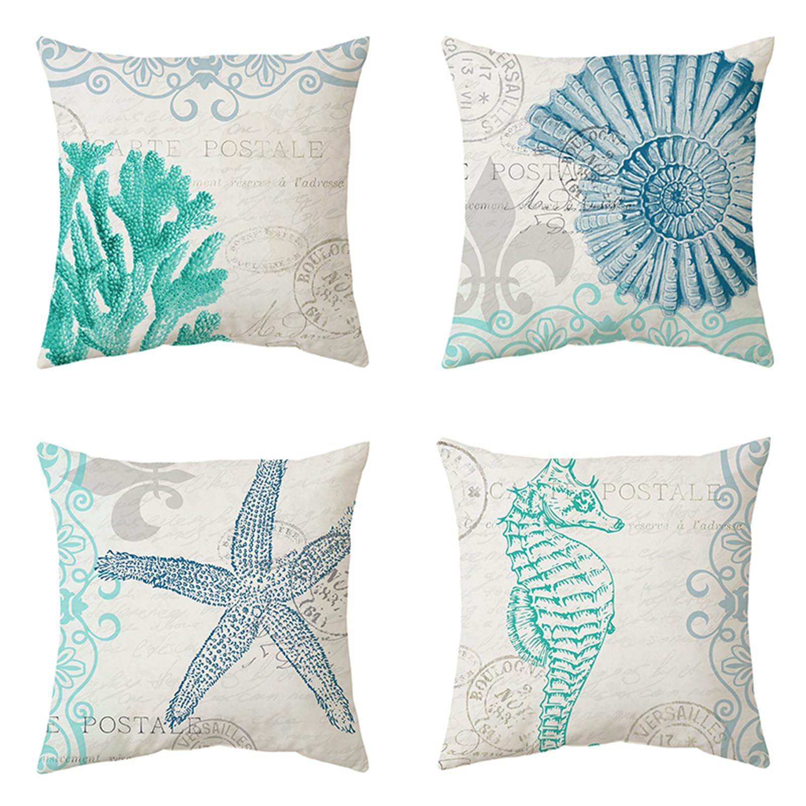 Set di 4 Fodera per Cuscino 60x60cm Stella marina di conchiglia animale di mare Cuscini Divano Quadrato Copricuscini Divano Federe Cotone Lino Cuscini per Divano Federe Cuscini Auto Home Decor