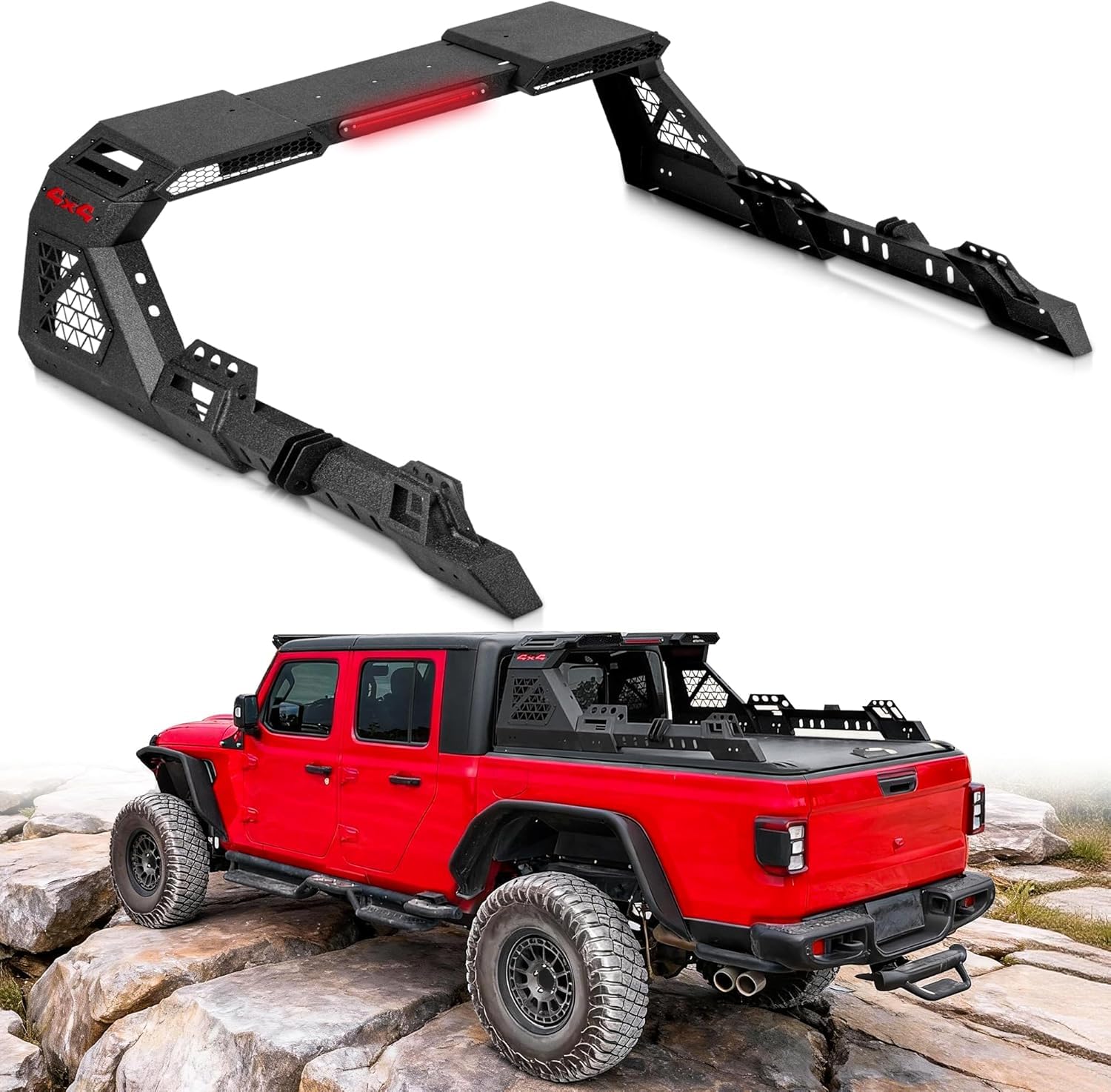 MONOKING Heavy Duty Adjustable Roll Bar with 3rd Brake Light, DIY Color Chase Rack Compatible with Tonneau Cover for 2004-2026 F150 Silverado Sierra 1500 Tundra Gladiator Tacoma, Rugged Carbon Steel