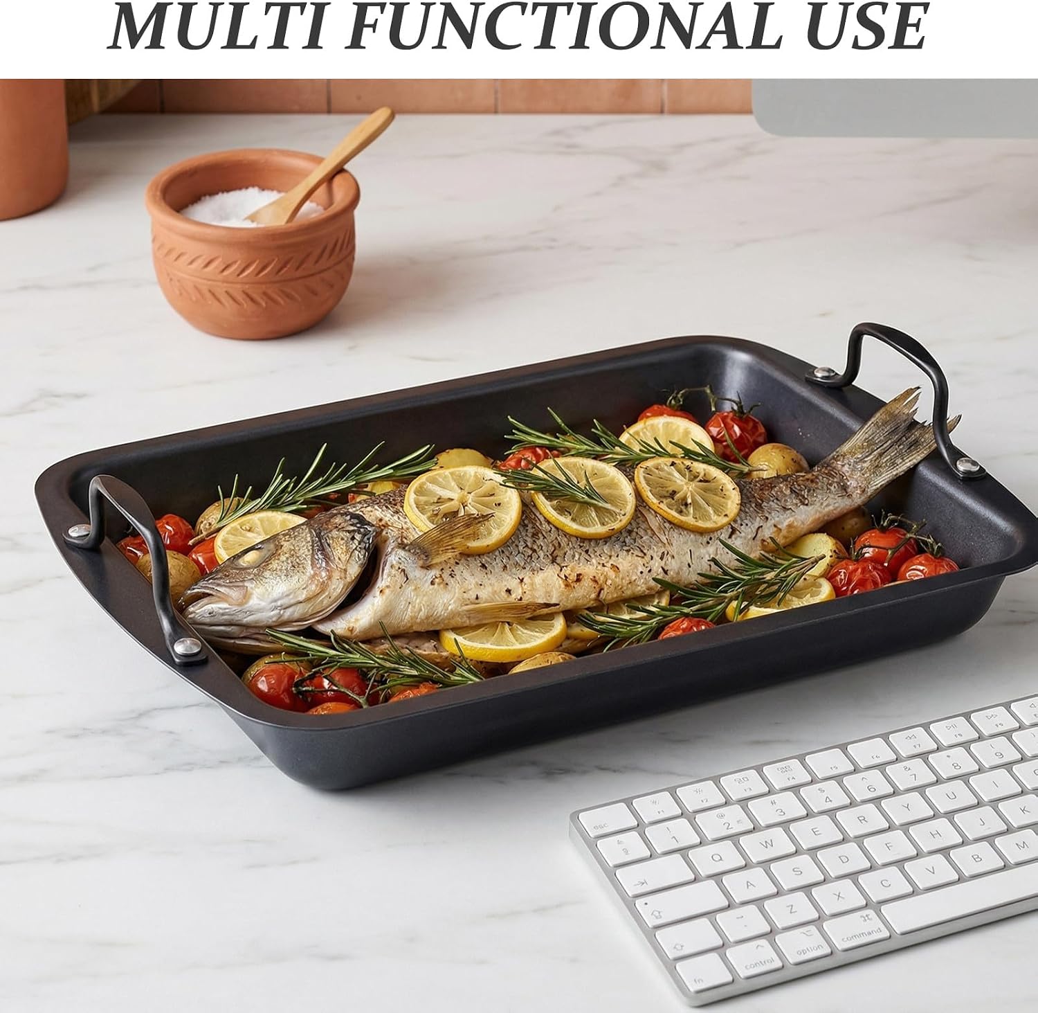 Rectangular Grill Pan for Fish - Non-Stick Roasting Baking Tray with Handle for Vegetables Steak Barbecue - 15.8x11.2x3.5" Stainless Steel Flat Induction Griddle