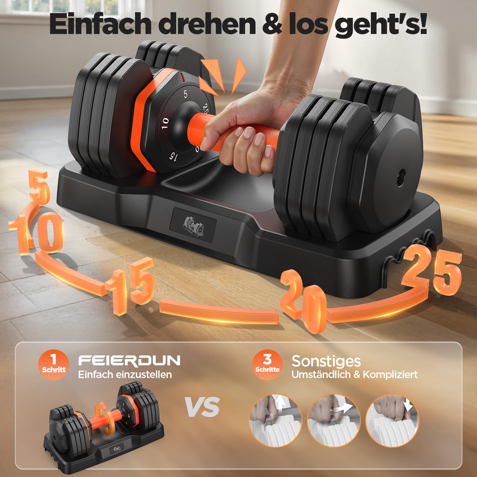 FEIERDUN 2x11kg(25LB) | 2x24kg(52,5LB) | 1x25kg(55LB), Verstellbare Hantel | Smart-Click-Technologie für schnellen wechsel, rutschfestem Griff,Gut für Zuhause, Büro, Fitnessstudio, Körpertraining