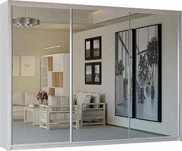 SLIDING WARDROBE 4U Mirror Sliding 2 or 3 Door Wardrobe with LED Light 90cm/120cm/150cm/180cm/203cm/250cm White-Black-Grey-Walnut-Wenge-Oak White, 250cm