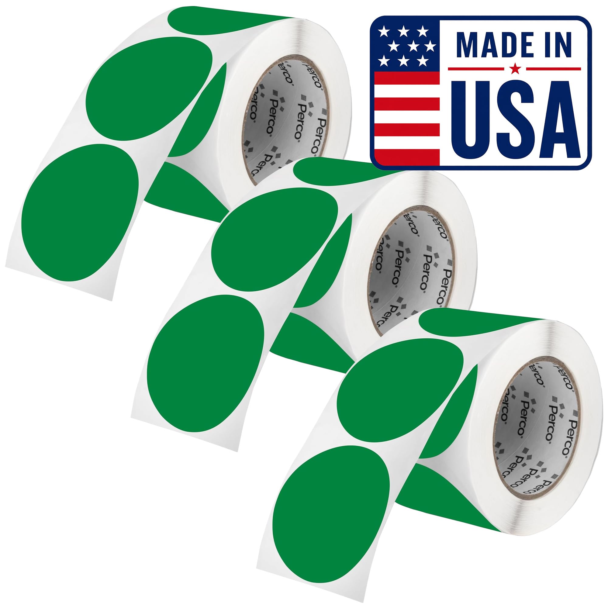 Perco Green Perforated Round Circle Dot Sticker 3-Inch Labels — 3 Rolls, 1,500 Stickers - Product Labels, Shelf Markers &amp; Category Signage, Strong Adhesive - Made in USA