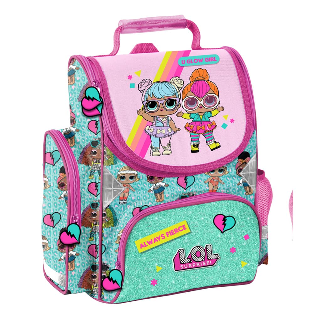 LOL Schulranzen Mädchen 1 Klasse Tornister Schulrucksack Set 3 TLG. L.O.L. für Grundschule ergonomisch und anatomisch/inkl. Federmäppchen (gefüllt) und Sportbeutel