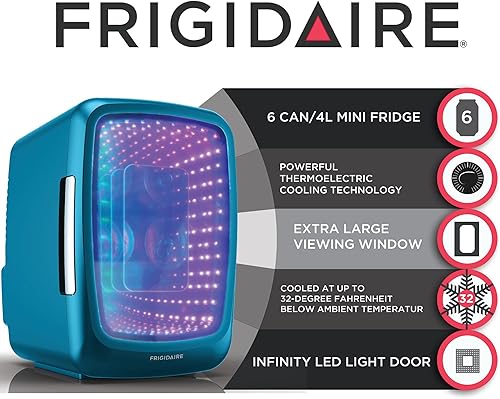 Miniatura 7 de Frigidaire Refrigerador mini para bebidas con luces LED para juegos, 6 latas, 4 litros, enfriador con puerta transparente grande y luces LED.
