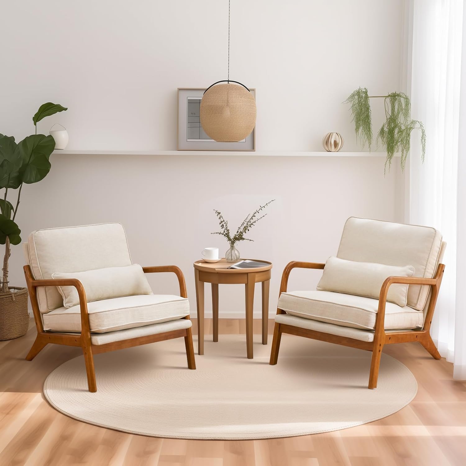 Bonnlo Accent Chair, Soild Wood Padding Lounge Armchairs, Occasional Reading Chair with Cushions and Lumbar Pillow, Armchairs for Living Room, Bedroom, Guest Room, Fabric (2, Beige-2pcs)