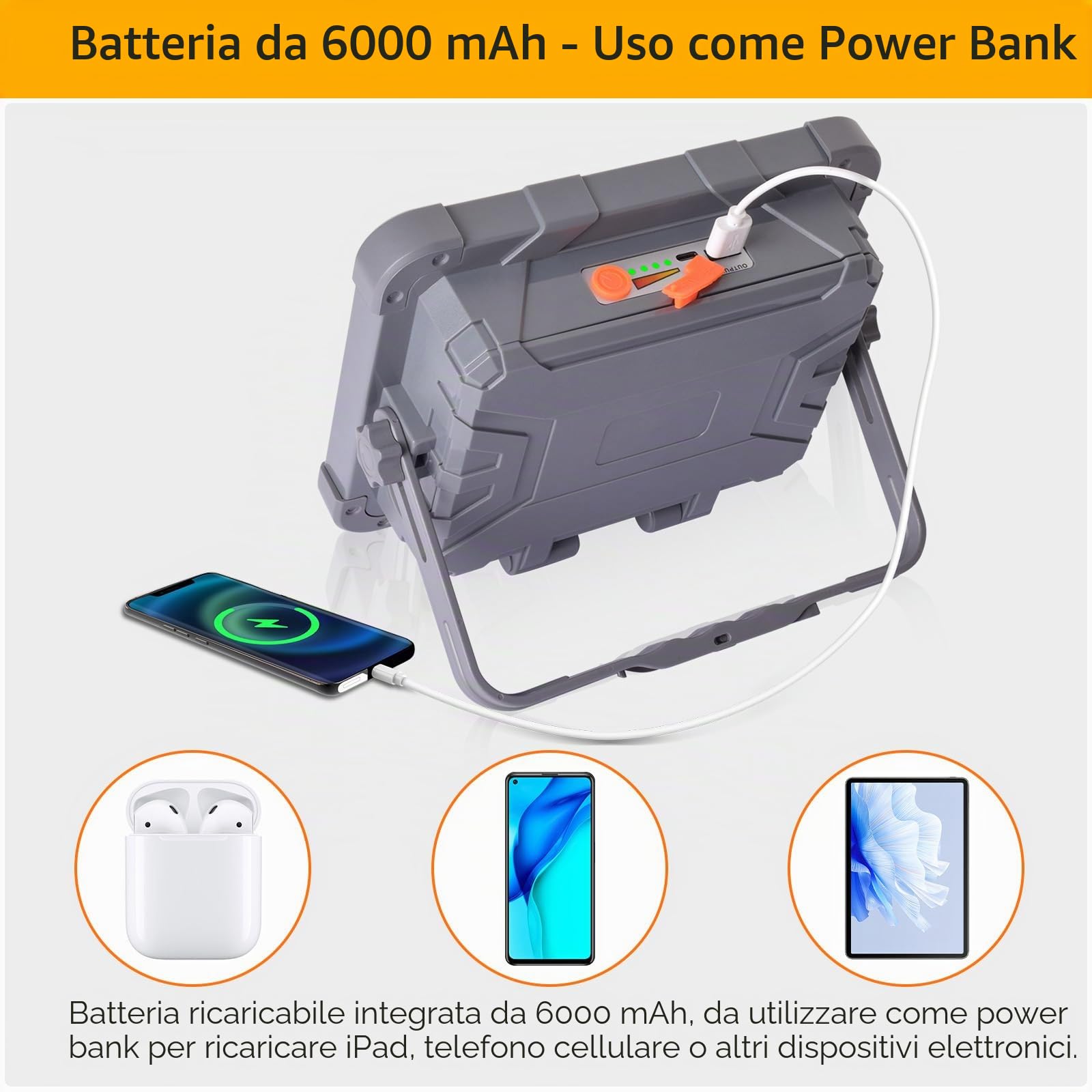 MASMEJOR Faro LED Ricaricabile 100W, Faretto LED Ricaricabile 10000LM 15000mAh con Doppi Pannelli Solari, Funzione Torcia, 5 Modalità, Faro a Batteria Ideale per Campeggio, Lavoro, Pesca