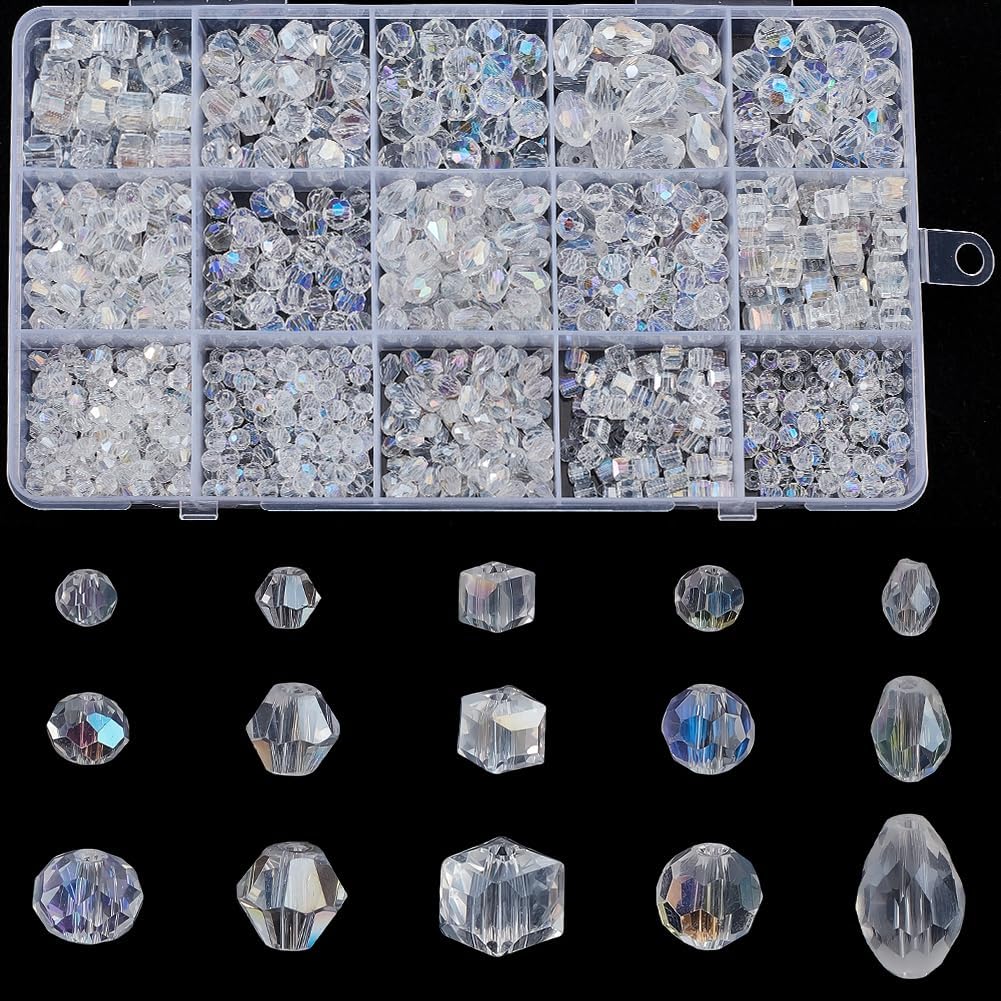 1 Box 990PCS Crystal Glass Beads with Hole Faceted Bicone Transparent Half Rainbow Plated Iridescent Clear Loose Spacer Bead Bulk for Jewelry Making Bracelets Necklace Earrings DIY Crafts