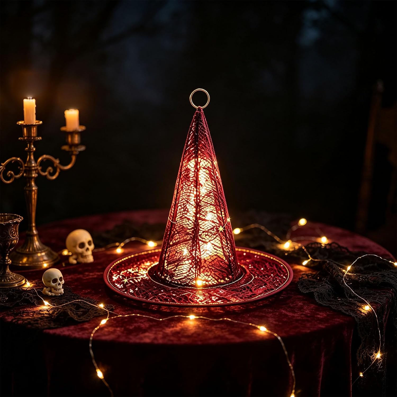 Battery Powered Witch Hat Light, C | Suspended LED Halloween Decoration with Warm Lighting for Door Porch Window Party Display