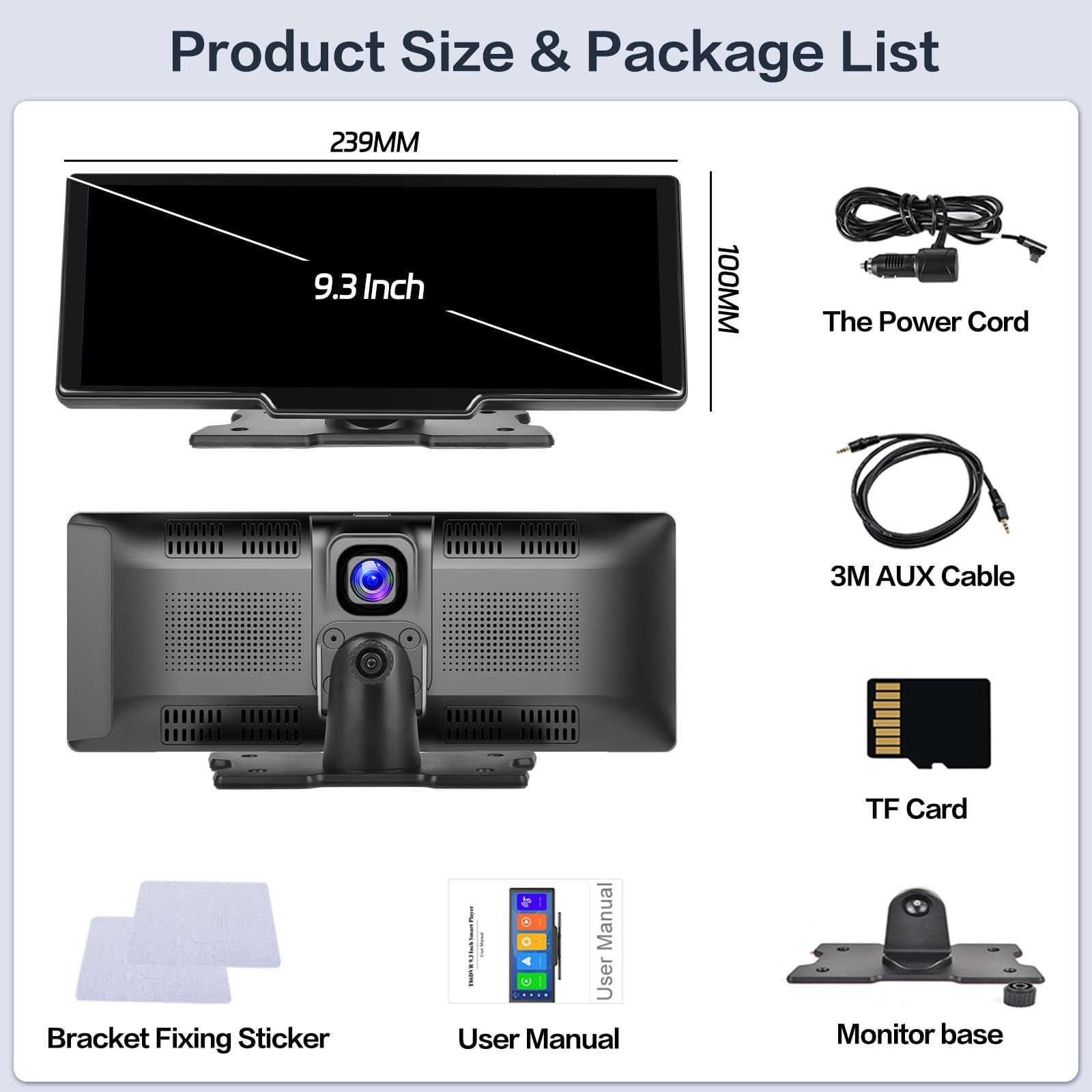 Hikity Wireless Carplay Portable Android Auto Unit with 2.5K Dash Cam, 9.3 Inch Touchscreen Car Screen Display with Bluetooth Airplay Mirror Link Voice Control AUX 64G TF