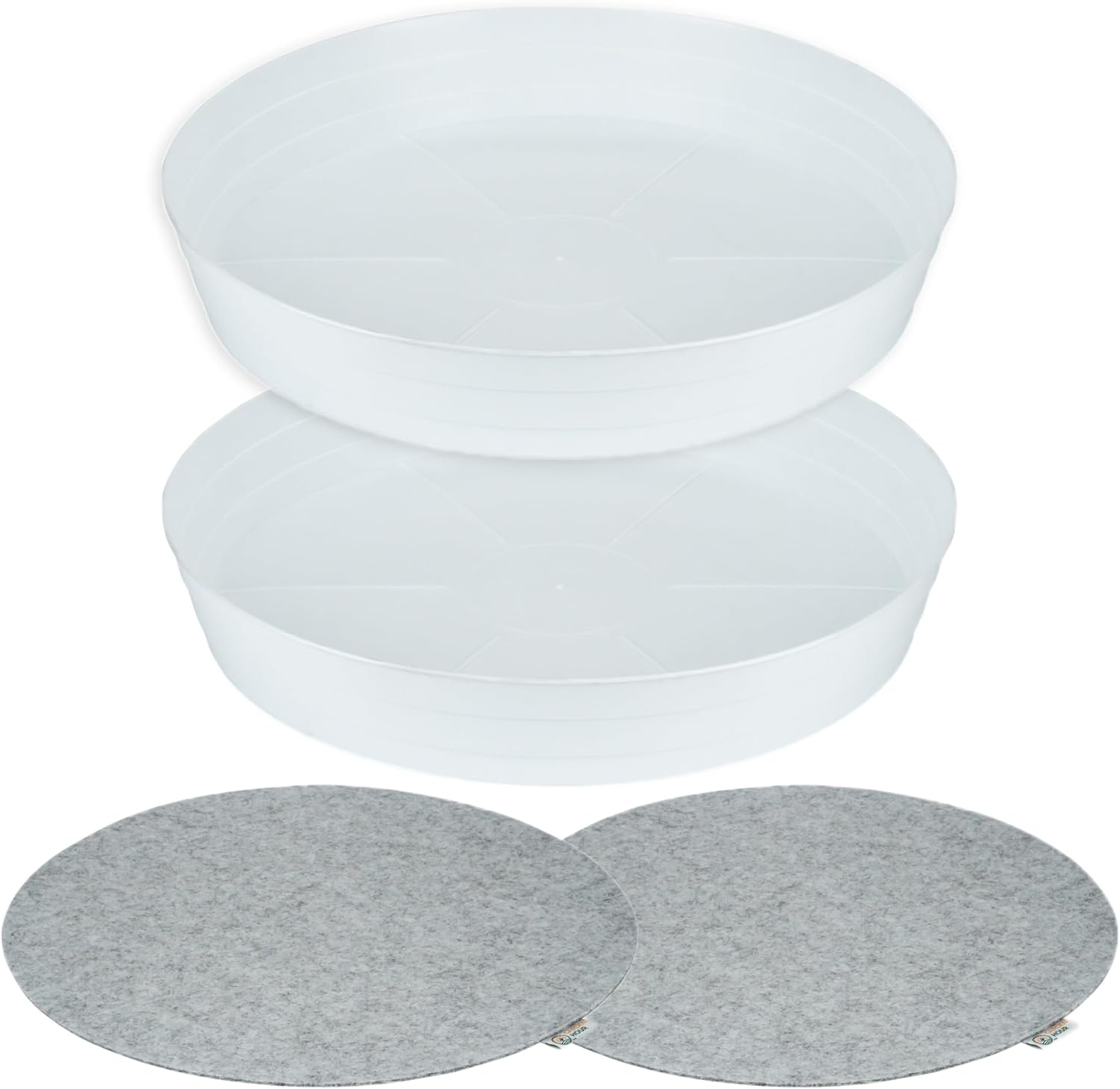 Garden Hour 18 Pack of 2 Large Plant Saucers for Potted Plants - Plastic Plant Trays for Indoors No Holes - Extra-Deep Drip Trays for Potted Plants & Felt Mat for Floor Protection - White.