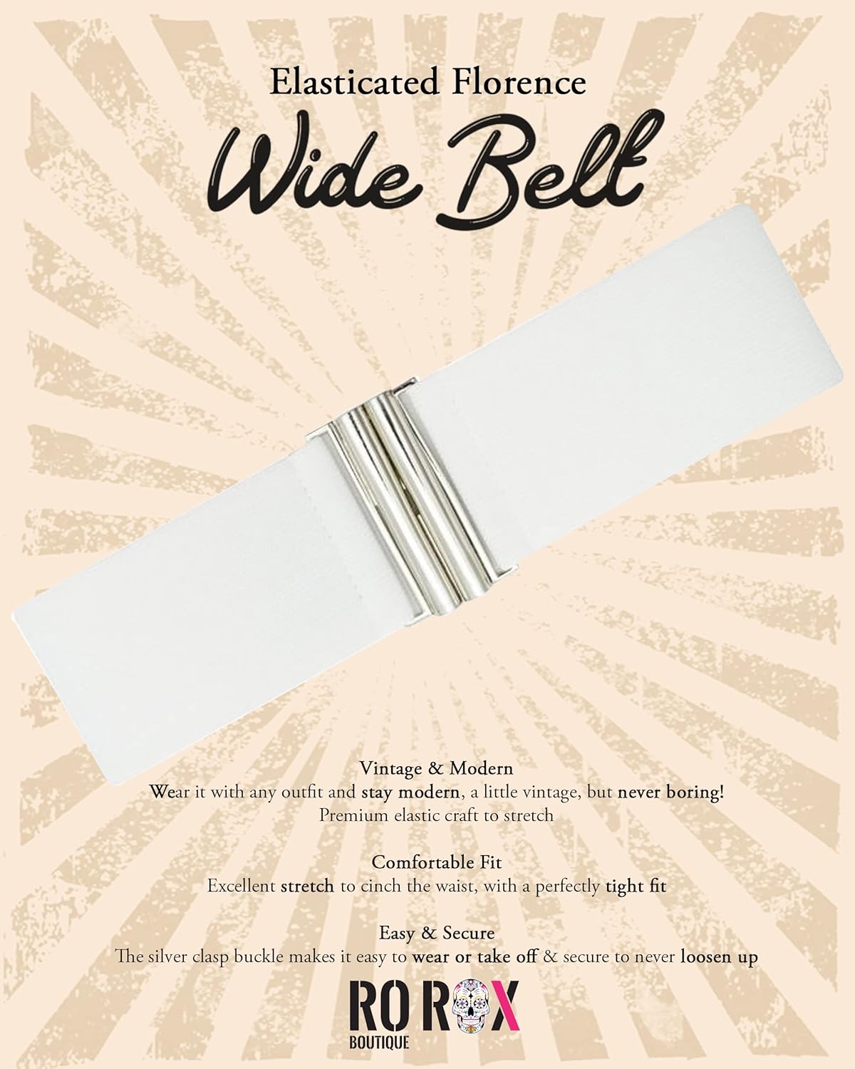 Ro Rox Florence Vintage Belt | Elasticated Belts For Women | Nurse Retro 50s Style Wide Belt With Silver or Gold Buckle