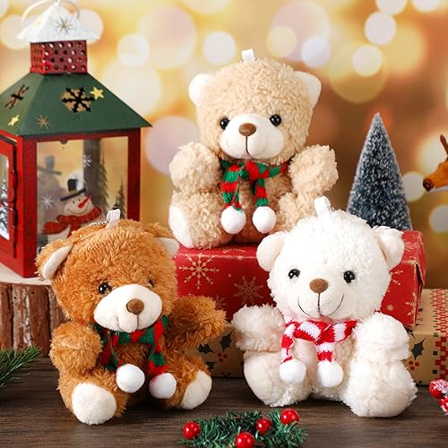 Miniatura 7 de Zubebe Juego de 24 llaveros de peluche de oso de Navidad de 4.3 pulgadas, pequeños osos de felpa con bufanda desmontable para decoración de Navidad,