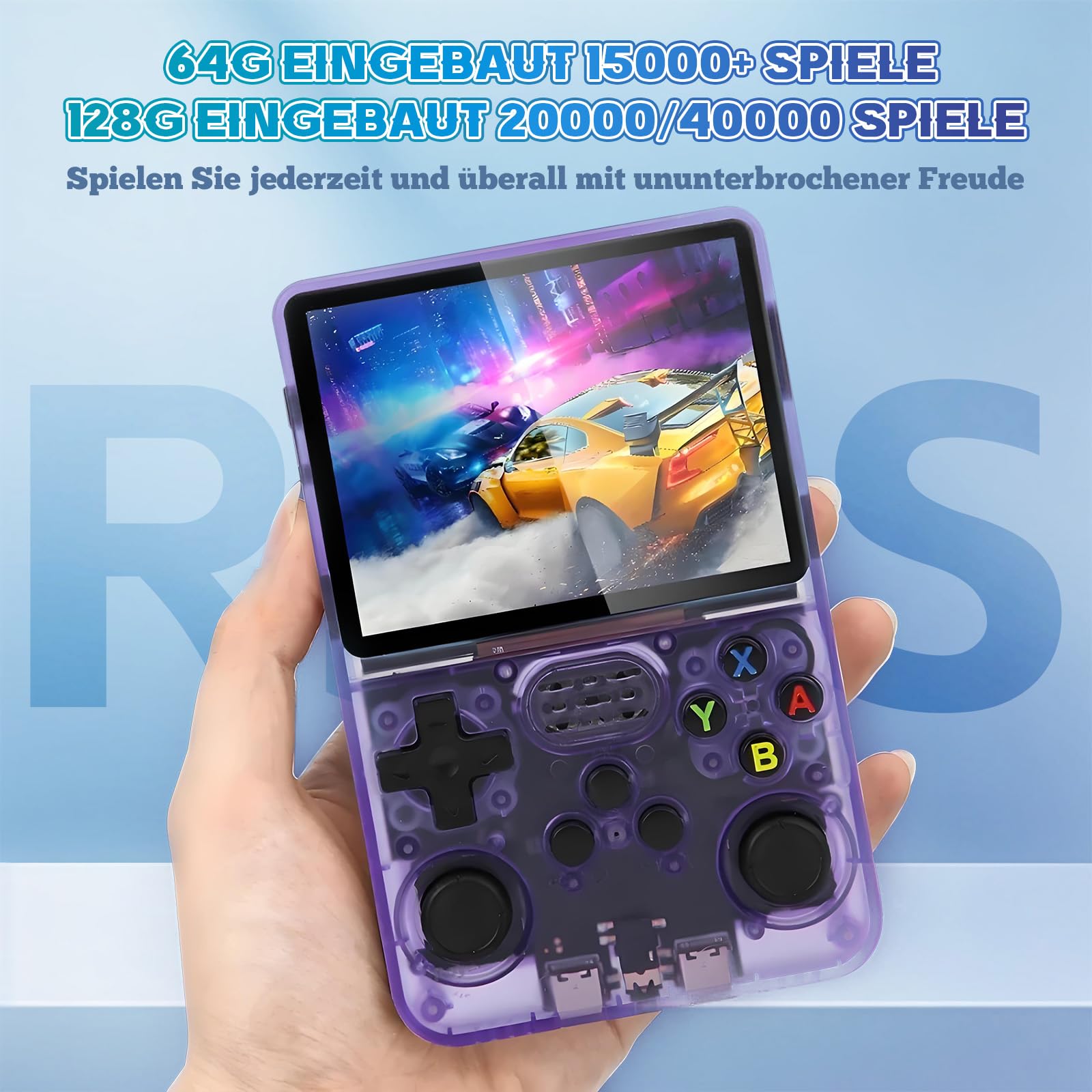 R36S Retro Handheld Spielkonsole, Retro Konsole 3,5-Zoll-IPS-Bildschirm, 128 G über 40.000 Spiele, tragbare Spielkonsole für Kinder und Erwachsene, unterstützt mehrere Emulatoren (Lila)