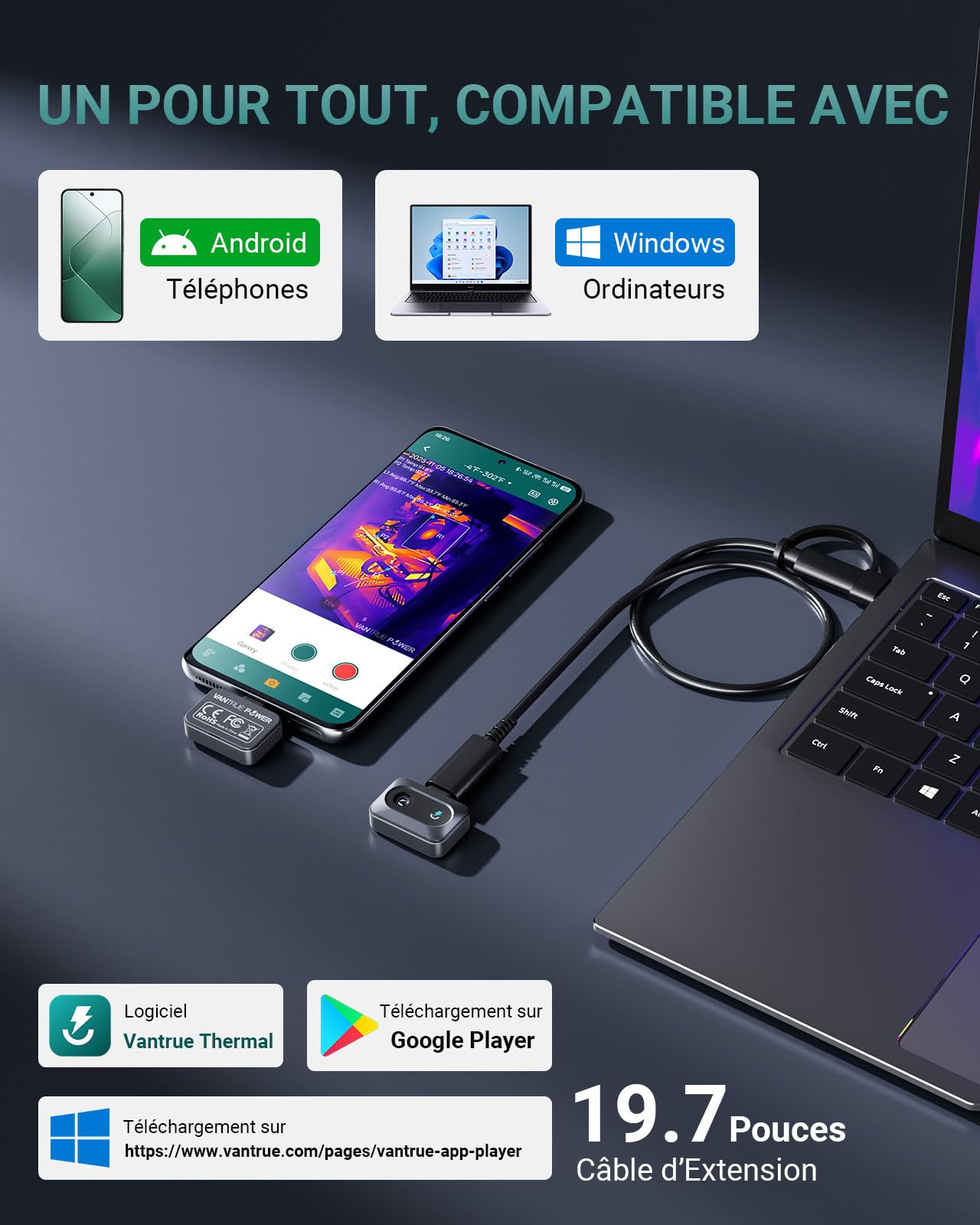 TS1 Caméra Thermique pour Android, Caméra Infrarouge avec Super Résolution 512×384, 25HZ Taux de Rafraîchissement, -20°C à 550°C, Zoom 15x, USB-C, Noir