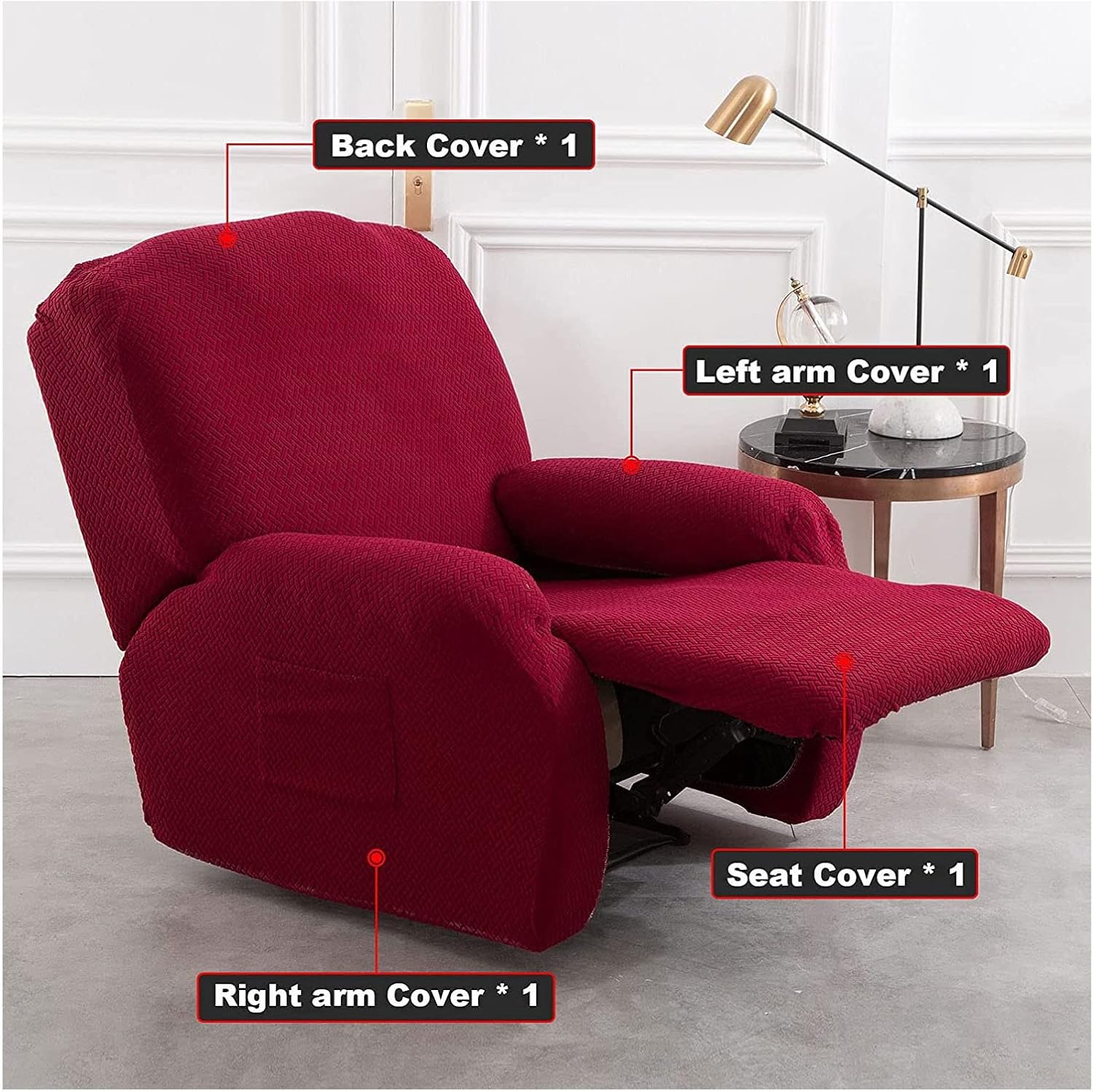 Konsilsa Recliner Chair Covers 1 seat, Four-Piece Recliner Chair Covers for Reclining Chair slipcover Anti-Slip with Side Pockets Recliner Cover Sofa Cover Armchair Covers Suitable (Color : Wine red)
