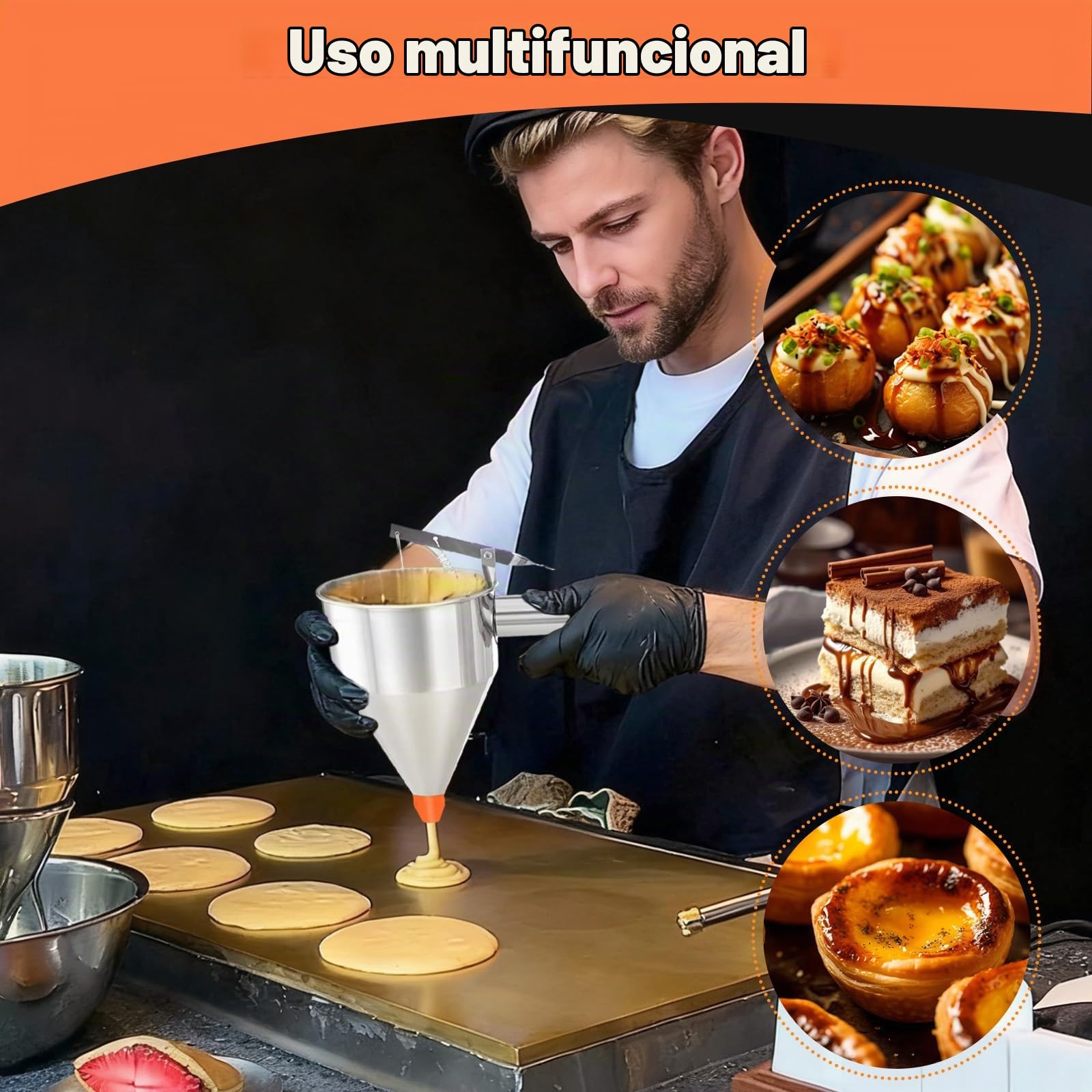 1200ml Dispensador Masa con Tapa & Soporte & 4 Boquillas Repuesto, Embudo Pistón Multi-Calibre, Herramientas Cocina Acero Inoxidable, Dispensador para Postres, Tortitas, Pastel, Panqueques