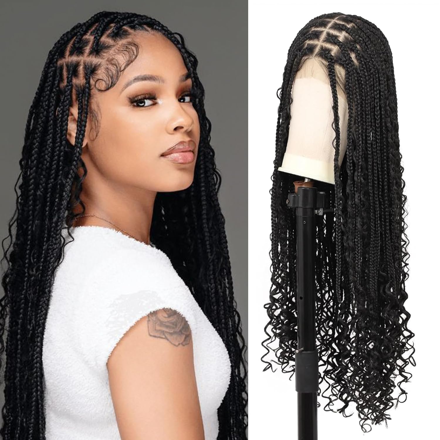 Kalyss 13x8 HD Lace Front Braided Wigs Boho Braided Wigs for Women Knotless Braid Wig with Baby Hair Box Braid wigs Long Premium Synthetic Wig Black 36 Inch