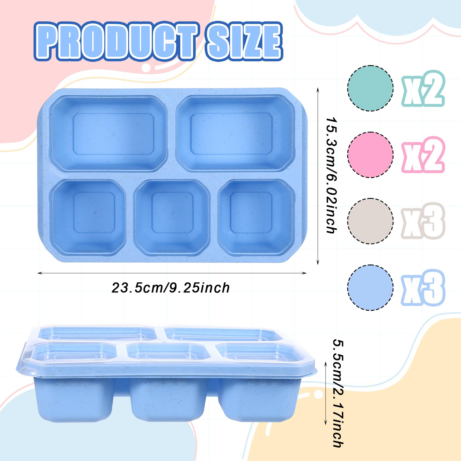 Sibba 10 Pack 5 Compartments Snack Containers Bento Lunch Box Food Storage Containers Microwave Safe Reusable Divided Meal Prep Lunch Container Adults Stackable Snack Boxes Lunchbox for Work, Travel