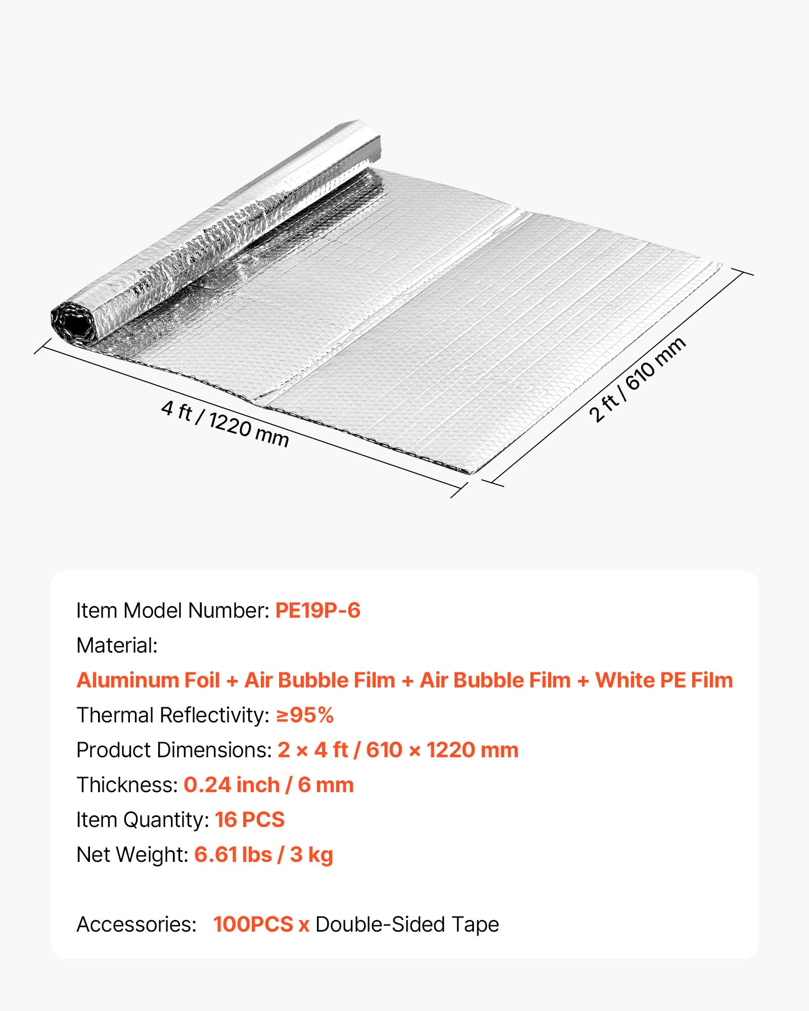 VEVOR Lámina Aislante Reflectante, Barrera Radiante de Aluminio de Doble Cara, 1,22 x 0,61 m x 6 mm, con Burbujas de Aire de Doble Capa, para Puertas de Garaje, Techos de Autocaravanas, 16 uds