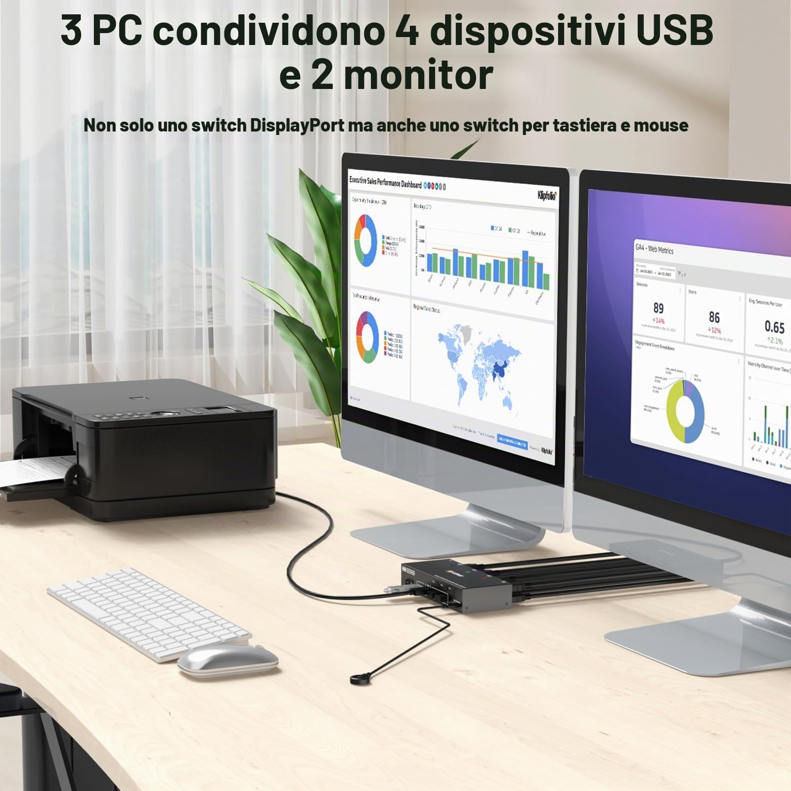 Switch KVM USB 3.0 3 PC 2 monitor Emulatore EDID 4K@60Hz, ESKEVE Switch KVM HDMI 2K@120Hz per 3 PC Condividi 2 monitor e 4 dispositivi USB 3.0, con cavo USB + controllo desktop