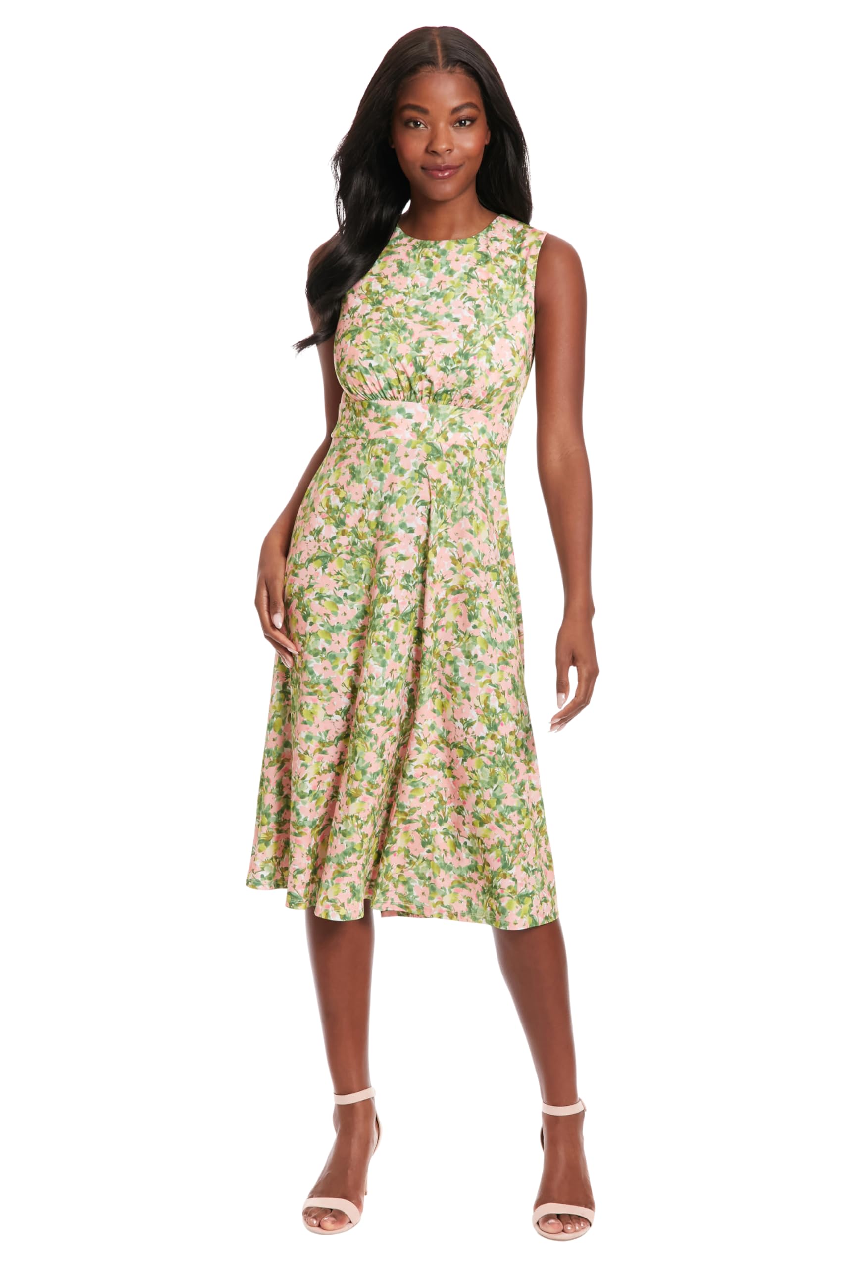 London Times Women's Sleeveless Inset Waist Midi Fit and Flare Dress