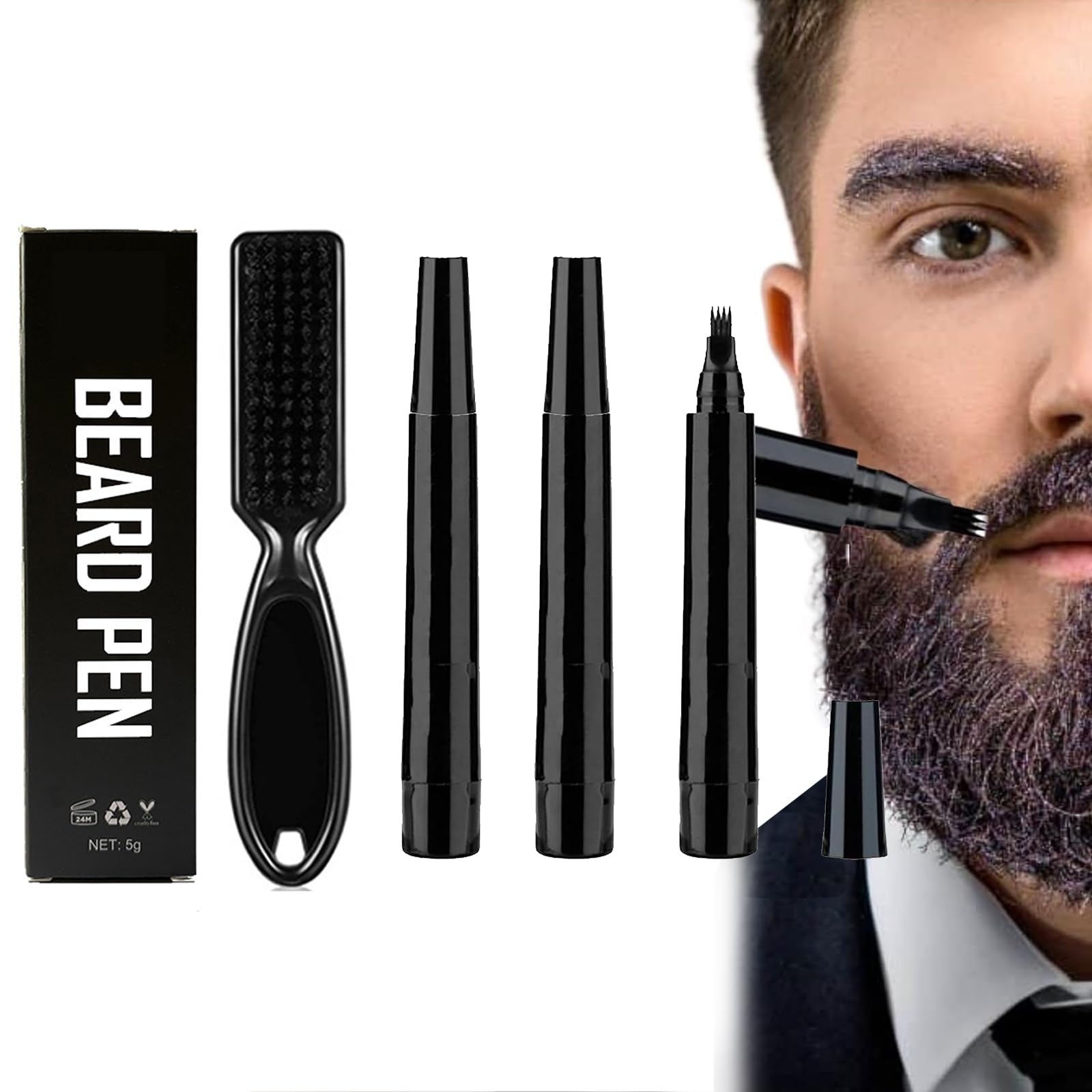 Penna per Barba Uomo,Kit Penna Barba Istantanea,Kit Matita Riempitiva per Barba Uomo,Beard Filling Pen,Riempimento Barba Impermeabile,Matita per Barba e Pennello per Barba (Nero, Kit Penna Barba-B)