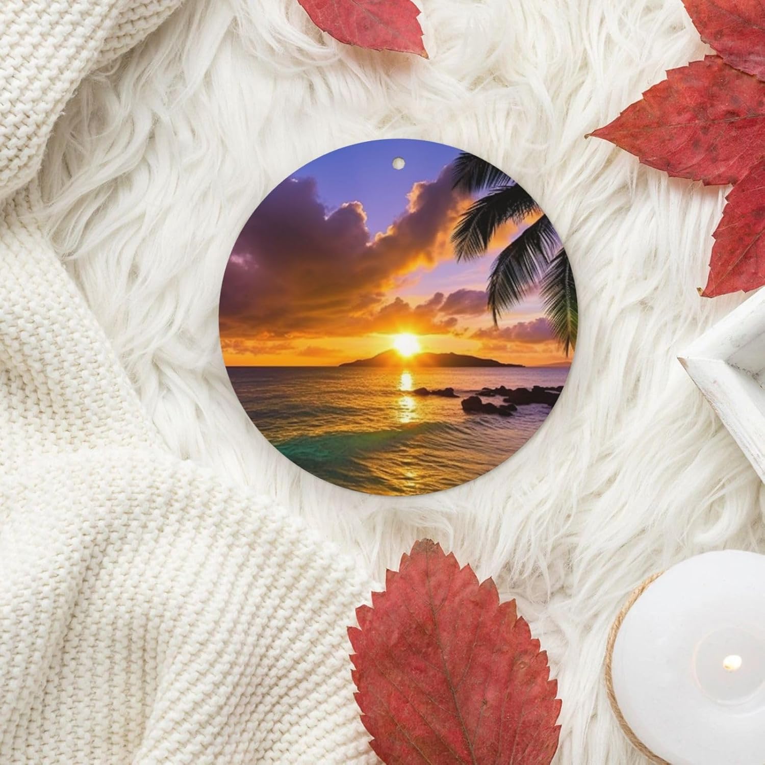 Car Air Freshener 24 PCS Tropical Hawaii Palm Tree Ocean Sea Sunset Hanging Car Air Fresheners Auto Interior Decor Card Freshener Strong Scented Card Lavender Cars Scents for Close Drawer Round Shape