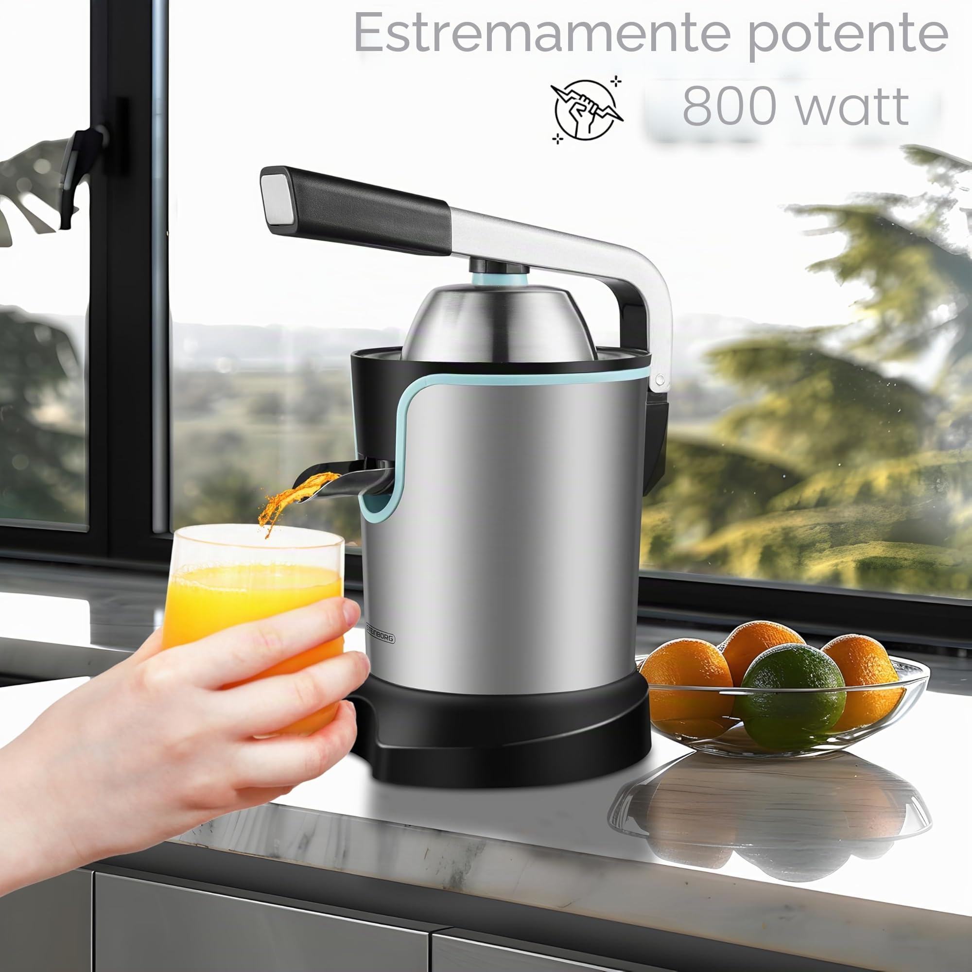 Spremiagrumi elettrico 800 Watt, motore a lunga durata, in acciaio inox, spremiagrumi elettrico, per auto, start-stop, spremiagrumi, lavabile in lavastoviglie, spremiagrumi, spremiagrumi